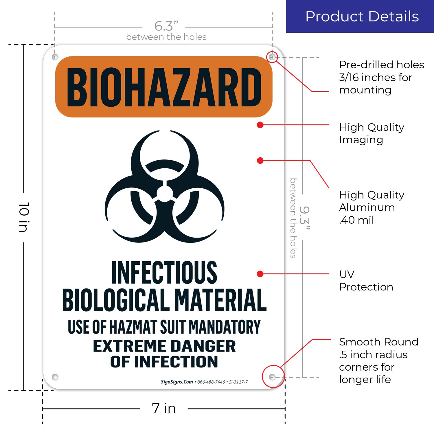Biohazard Infectious Biological Material Sign - 10x7 Inches Rust-Free 0.40 Aluminum - Fade Resistant & Easy Mounting - Indoor/Outdoor Safety Warning Sign - Made in USA - Perfect for Laboratories, Hospitals, and Hazardous Waste Areas