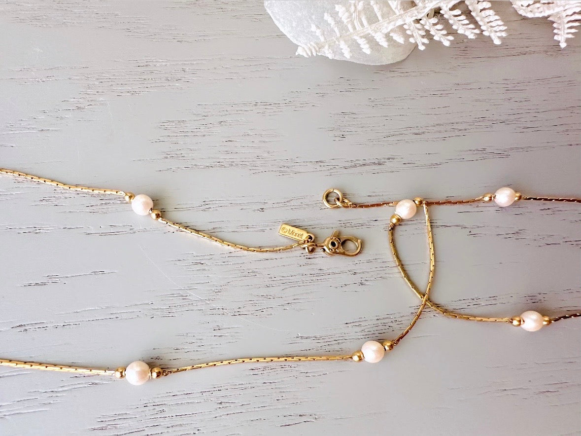 Vintage Gold Monet Necklace with Cream Pearls - Delicate Pearl Designer Jewelry - Elegant Classic Dainty Chain 20