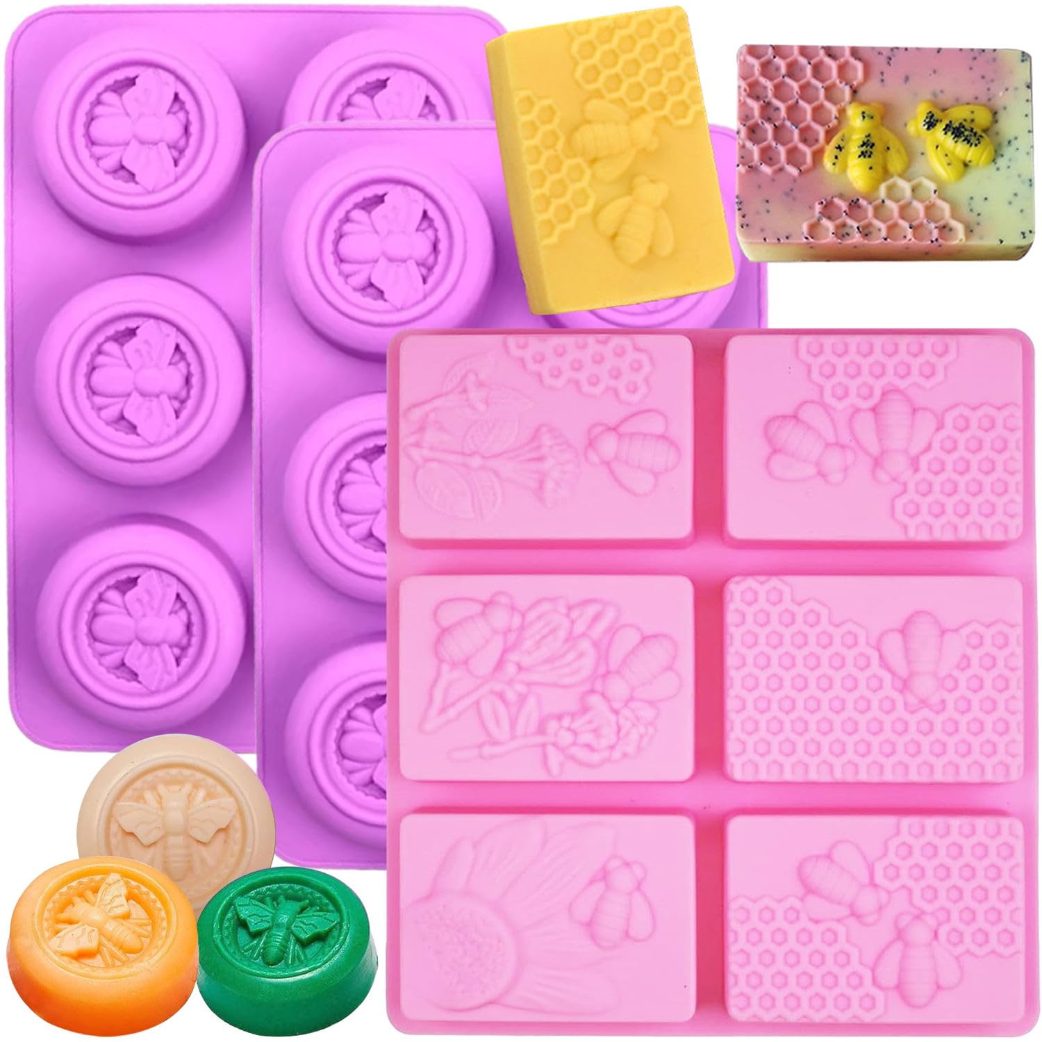METLUCK 3 Pack Bee Silicone Molds - Reusable Honeycomb Soap Molds for DIY Soap Making, Lotion Bars, Candles, Resin Art, Chocolate & Desserts | Perfect for Home Crafting, Bath Bombs, and Party Favors
