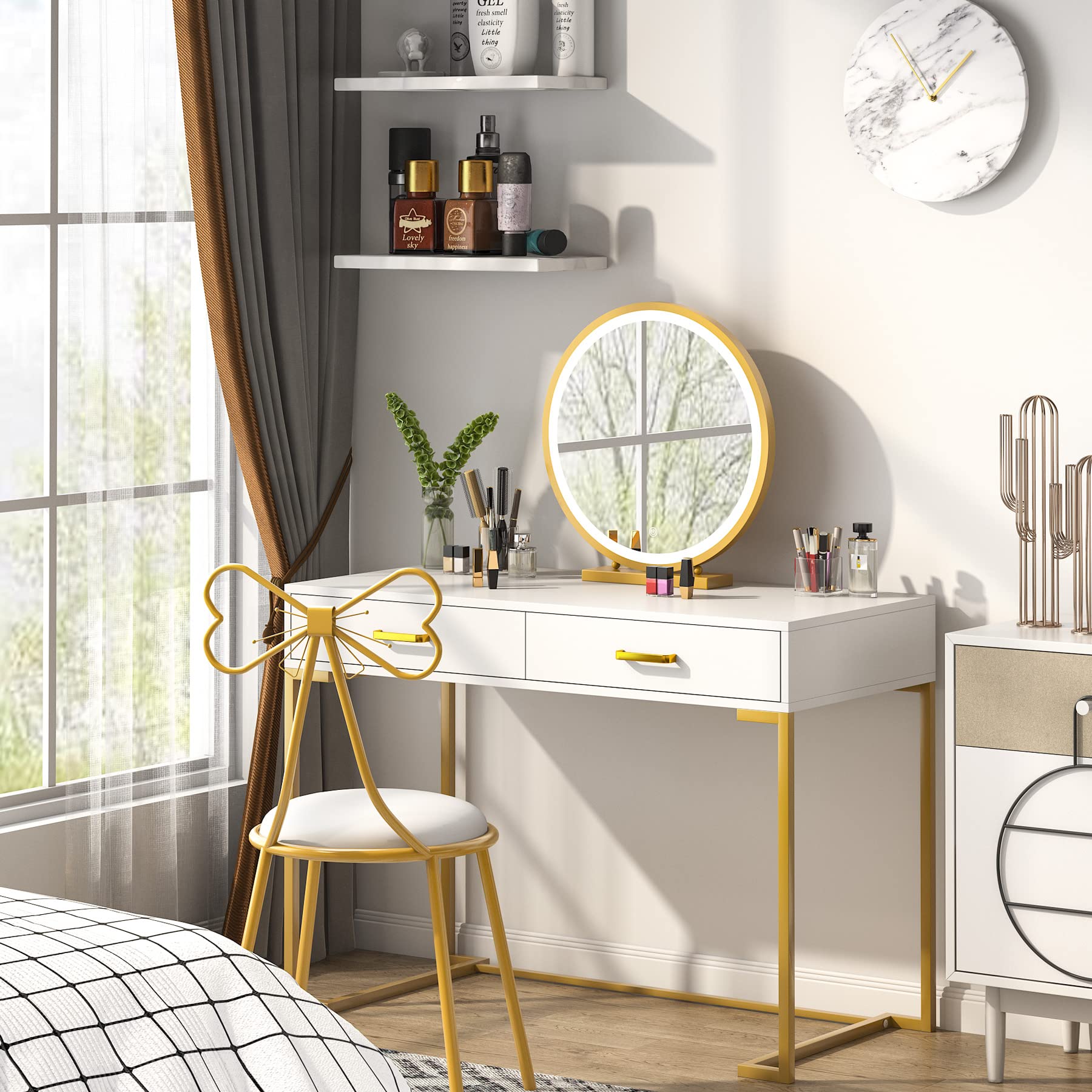 Tribesigns Modern White and Gold Computer Desk with 2 Drawers - Wood Top & Metal Frame, Home Office Writing Desk for Small Spaces, Bedroom or Study - Perfect for Remote Work, Online Classes & Gaming Setup