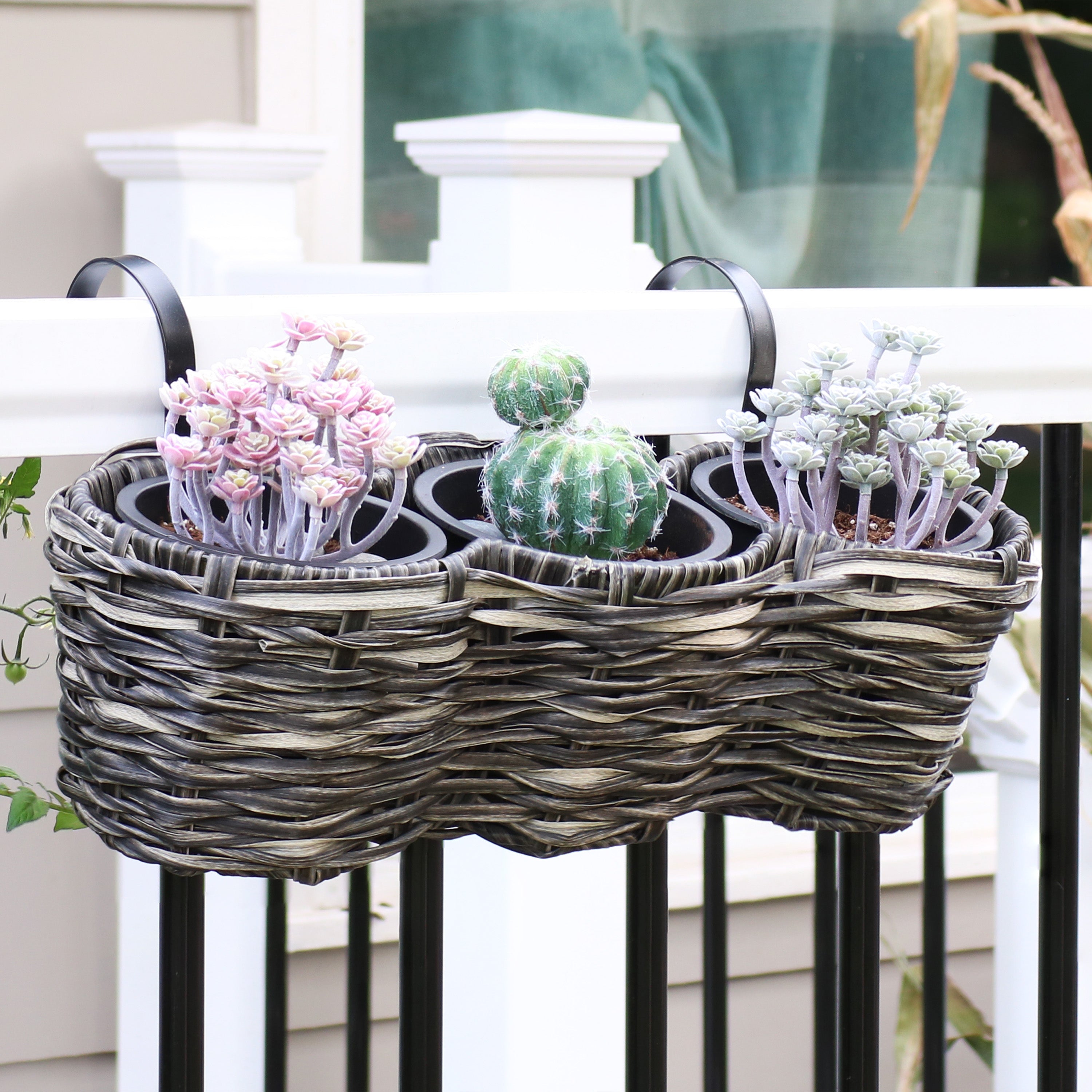 Sunnydaze Round Polyrattan 3-Section Over the Rail Planter Box - Hanging Flower Pot for Balcony, Deck, Porch & Garden Decor