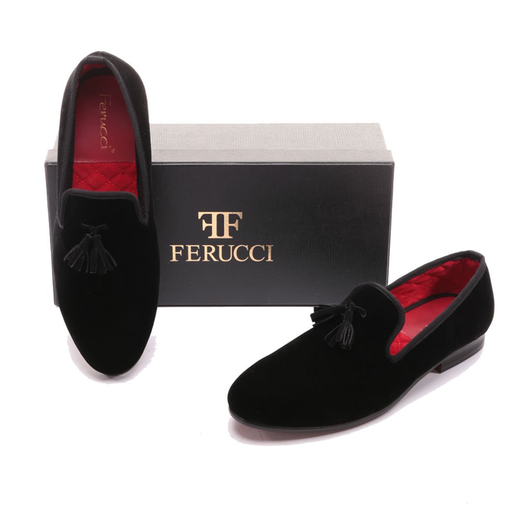 FERUCCI Men's Handmade Black Velvet Smoking Slippers - Tassel Loafers for Formal Wear & Home Comfort | Wedding, Party & Lounge Shoes