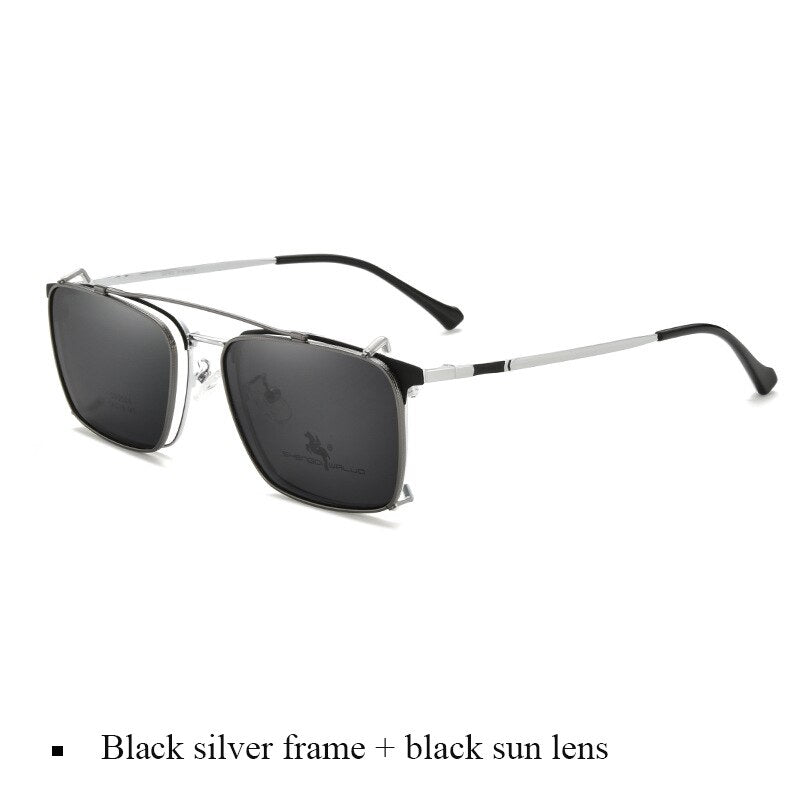Bclear Men's Full Rim Square Alloy Frame Eyeglasses with Clip-On Polarized Sunglasses ZT95004 - Stylish Reading Glasses & Sun Protection for Driving, Outdoor Activities