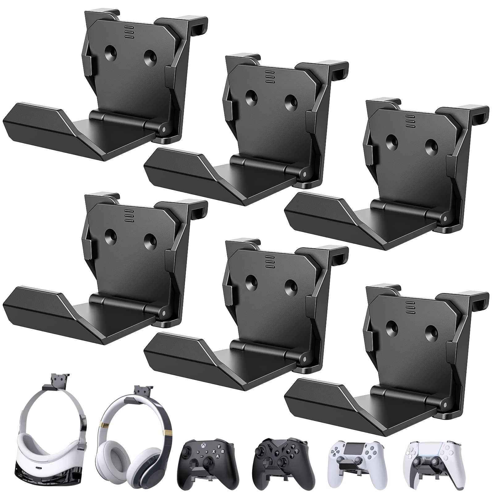6 Pack Wall Mount Controller & Headphone Holder for PS5, PS4, Xbox & Switch - Adhesive Gaming Accessories Stand with Headset Hook - Perfect for Bedroom, Game Room & Office Organization
