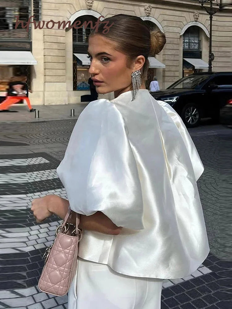Elegant Satin Ruffle Blouse for Women - Lantern Short Sleeve Loose Fit O-Neck Top | Spring Summer Fashion Streetwear | Perfect for Office, Date Night & Casual Outings