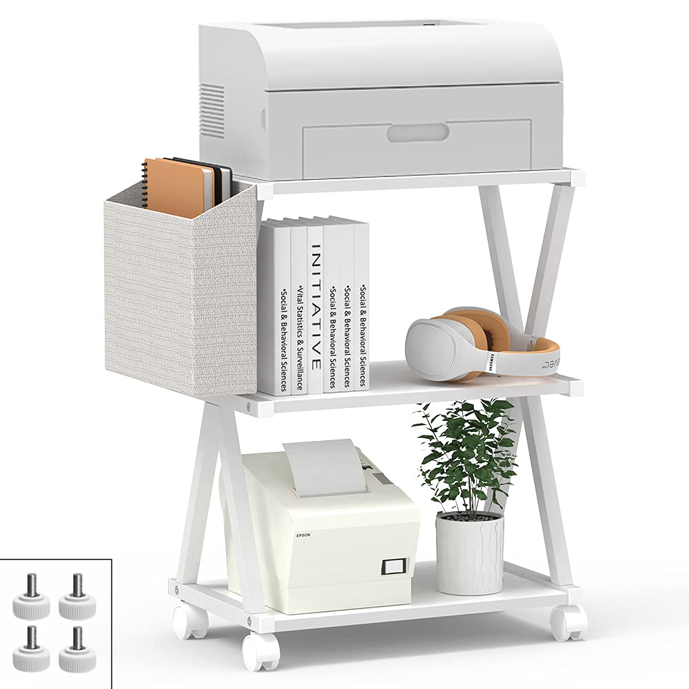 VEDECASA White 3-Tier Mobile Printer Stand - Wood Shelf & Metal Frame Printer Cart with Storage Bag & Rolling Caster Wheels for Home Office | Under Desk Printer Organizer for Laser, Inkjet Printers & Office Supplies Storage