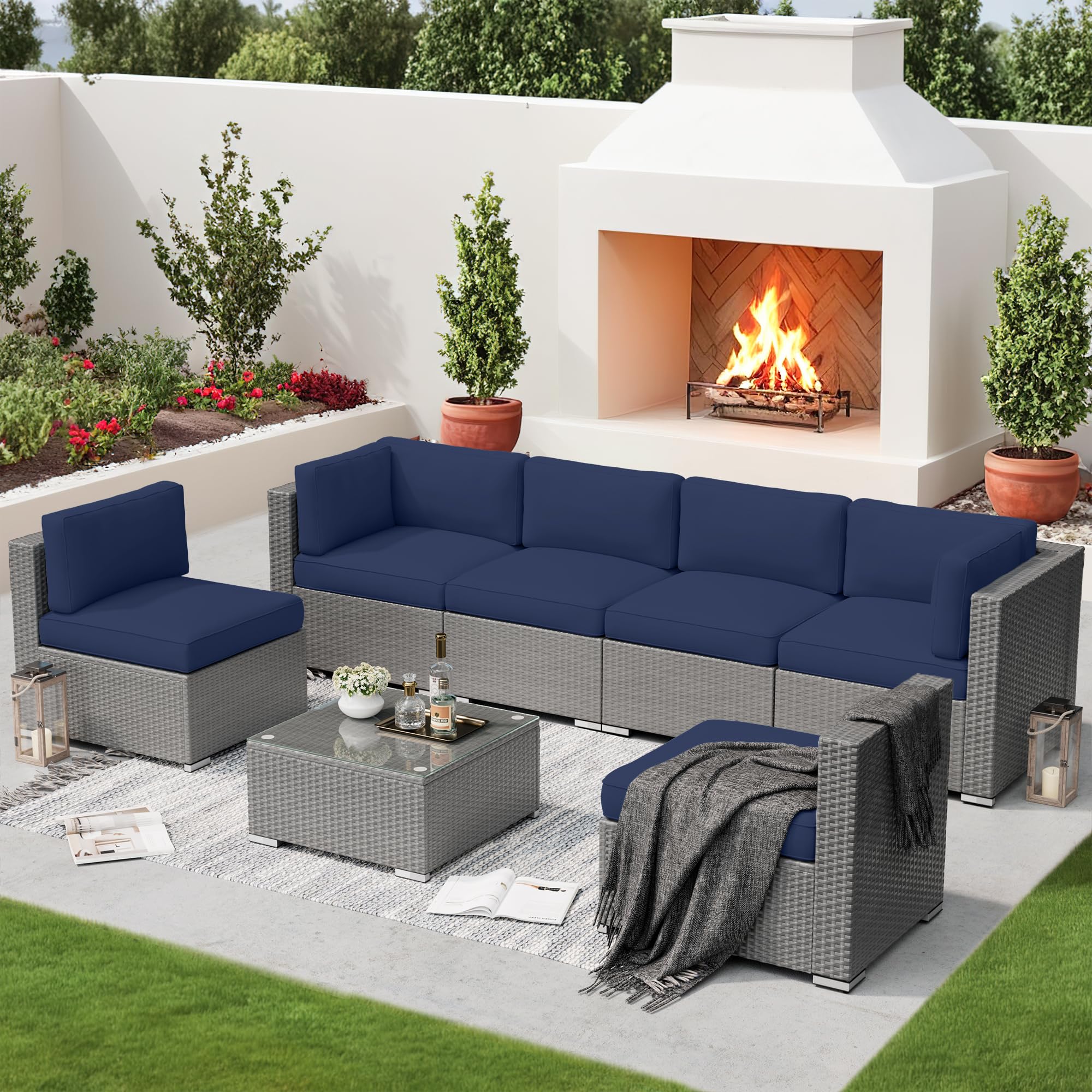 7-Piece Outdoor Patio Furniture Set - Grey Wicker Sectional Sofa with Coffee Table & Dark Blue Cushions | Weather-Resistant Conversation Set for Backyard, Poolside & Garden | Perfect for Entertaining & Relaxing
