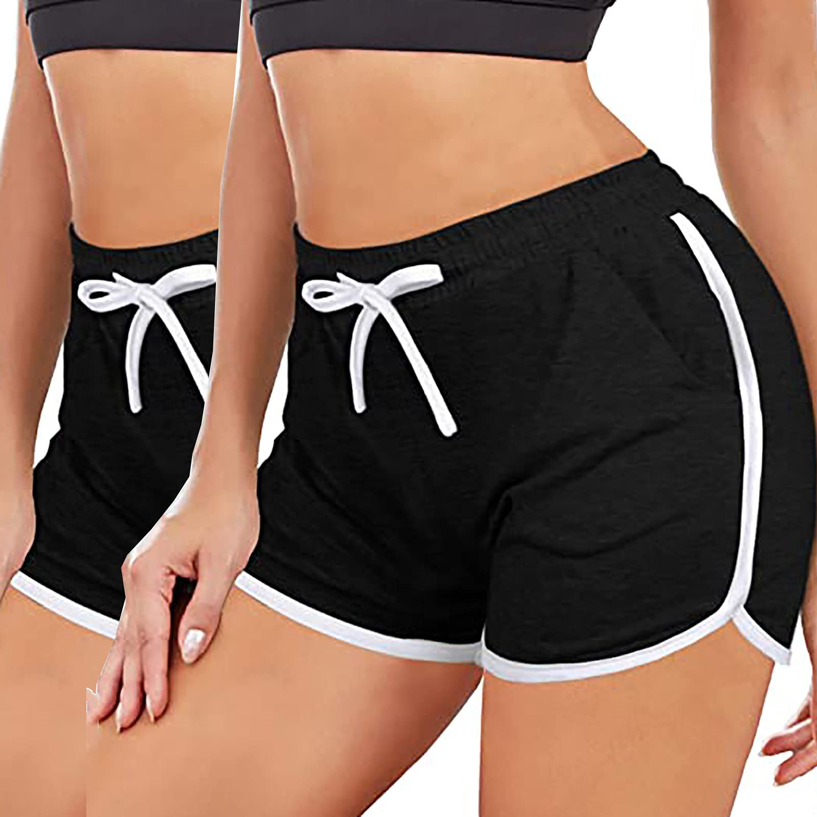 Women's Workout Shorts 2-Pack - Solid Color & Striped Athletic Shorts with Drawstring for Running, Jogging, Gym & Yoga | High Waist Breathable Sports Short Pants for Women's Fitness & Active Lifestyle