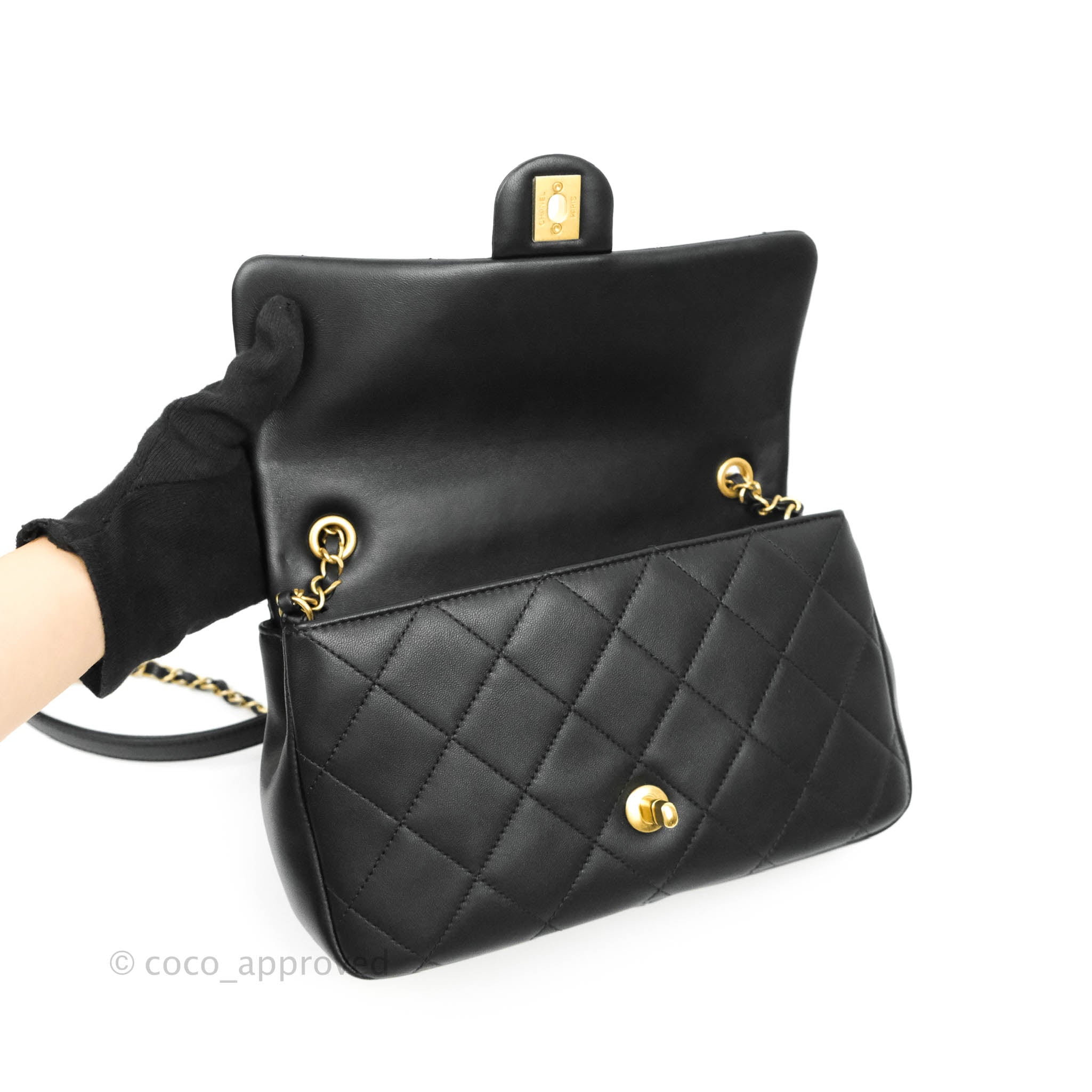 Chanel Circular Handle Flap Bag Black Lambskin with Aged Gold Hardware - Luxury Crossbody Purse for Women, Perfect for Evening Events & Date Nights