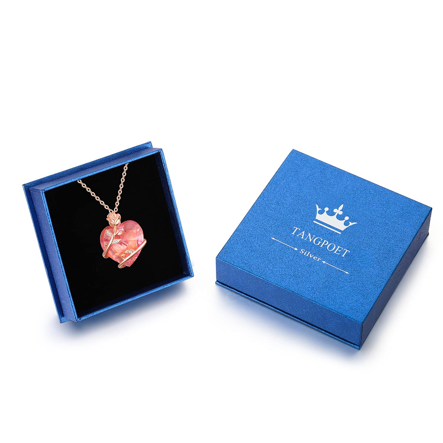 TANGPOET Sterling Silver Pink Crystal Rose Flower Necklace - Rose Gold Plated Pendant for Women, Perfect Gift for Mother's Day, Valentine's Day & Birthdays | Elegant Jewelry for Daily Wear, Date Nights & Special Occasions