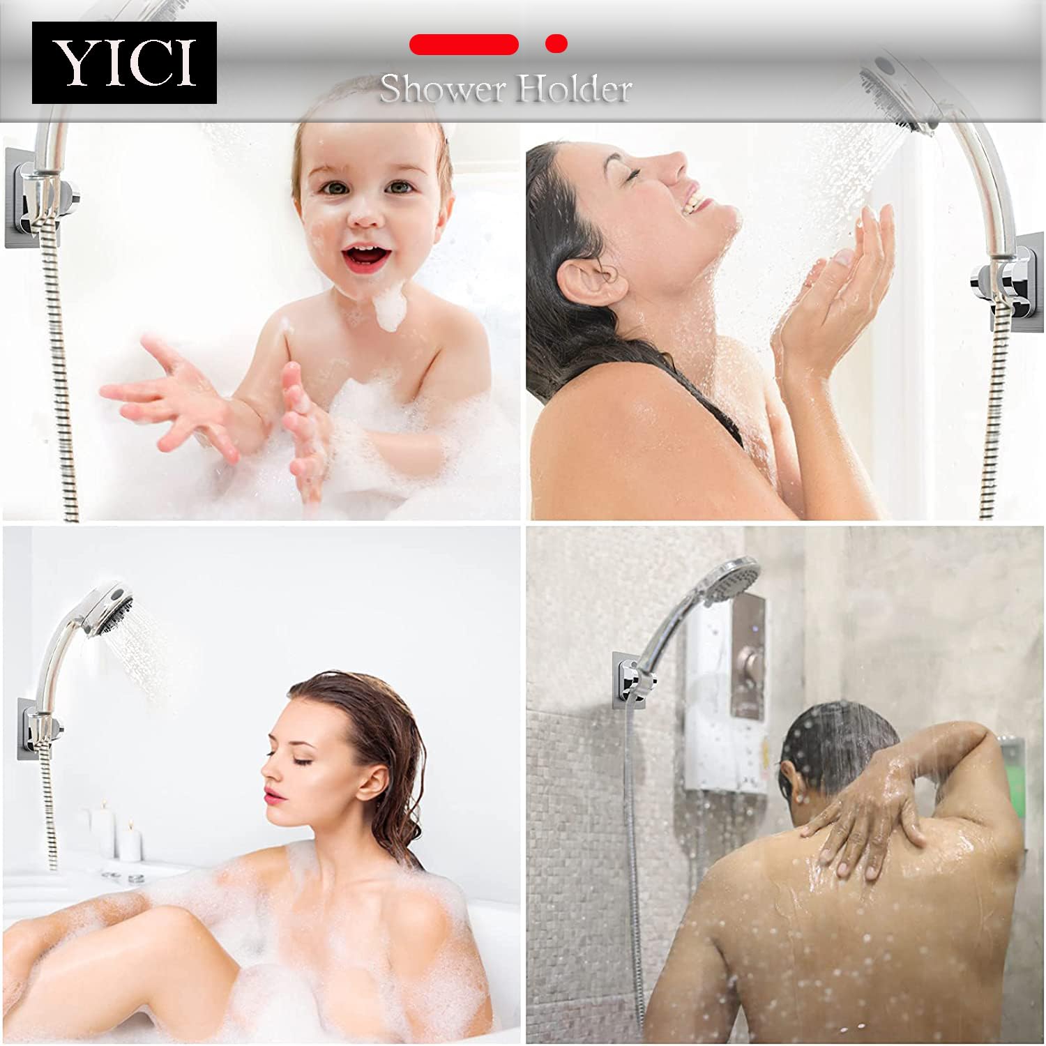 YICI No Drill Handheld Shower Head Holder - 12cm Strong Adhesive Shower Bracket with Adjustable Angle, Rustproof Silver Finish (2-Pack) - Perfect for Bathroom, RV, Apartment & Rental Homes Renovation