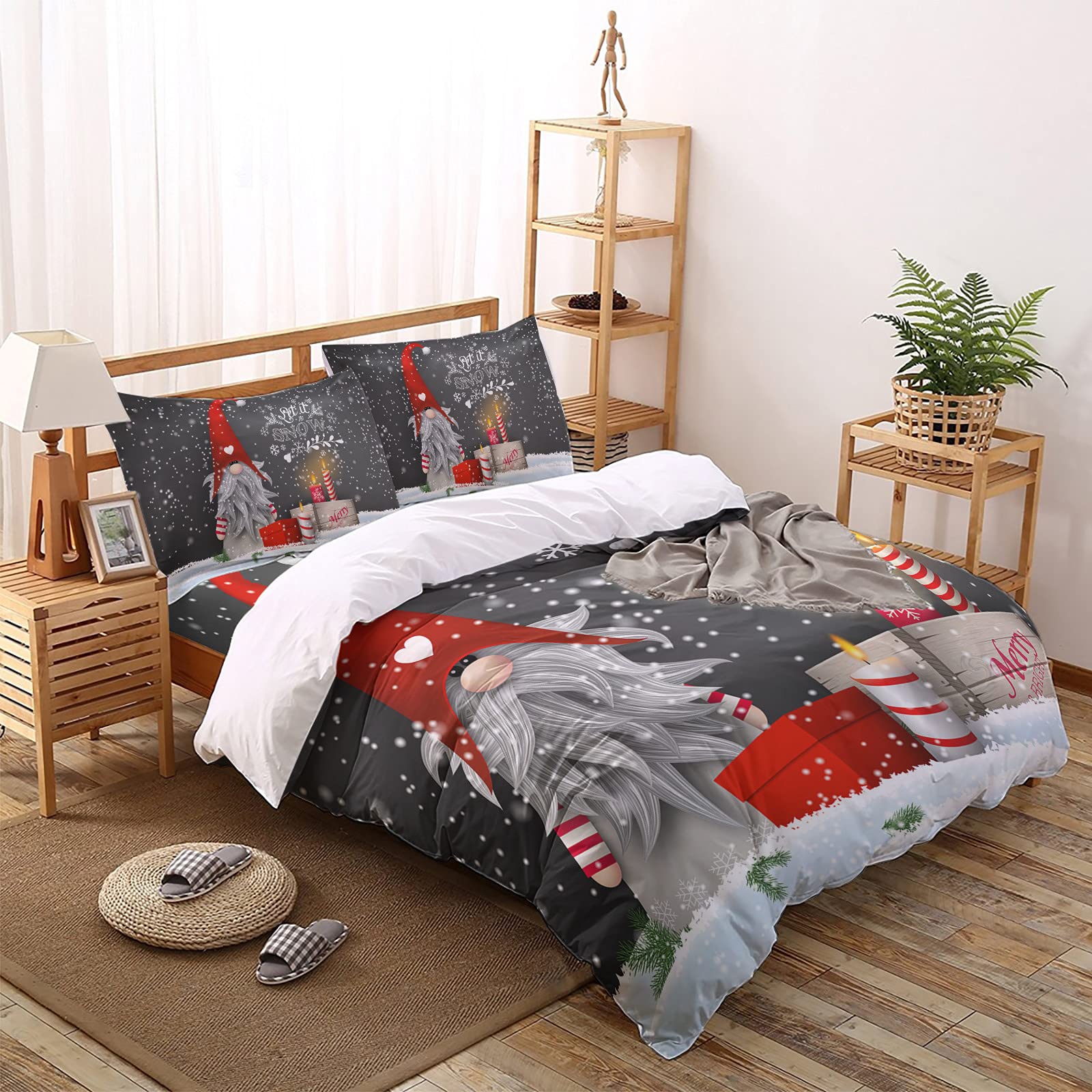 Premium Cotton Duvet Cover Set - Ultra Soft & Easy Care 4-Piece Bedding (Twin/Queen/King/California King) with 2 Pillow Shams | 92x106 Inches | Christmas Gnome Pattern | Perfect for Holiday Decor & Cozy Winter Nights