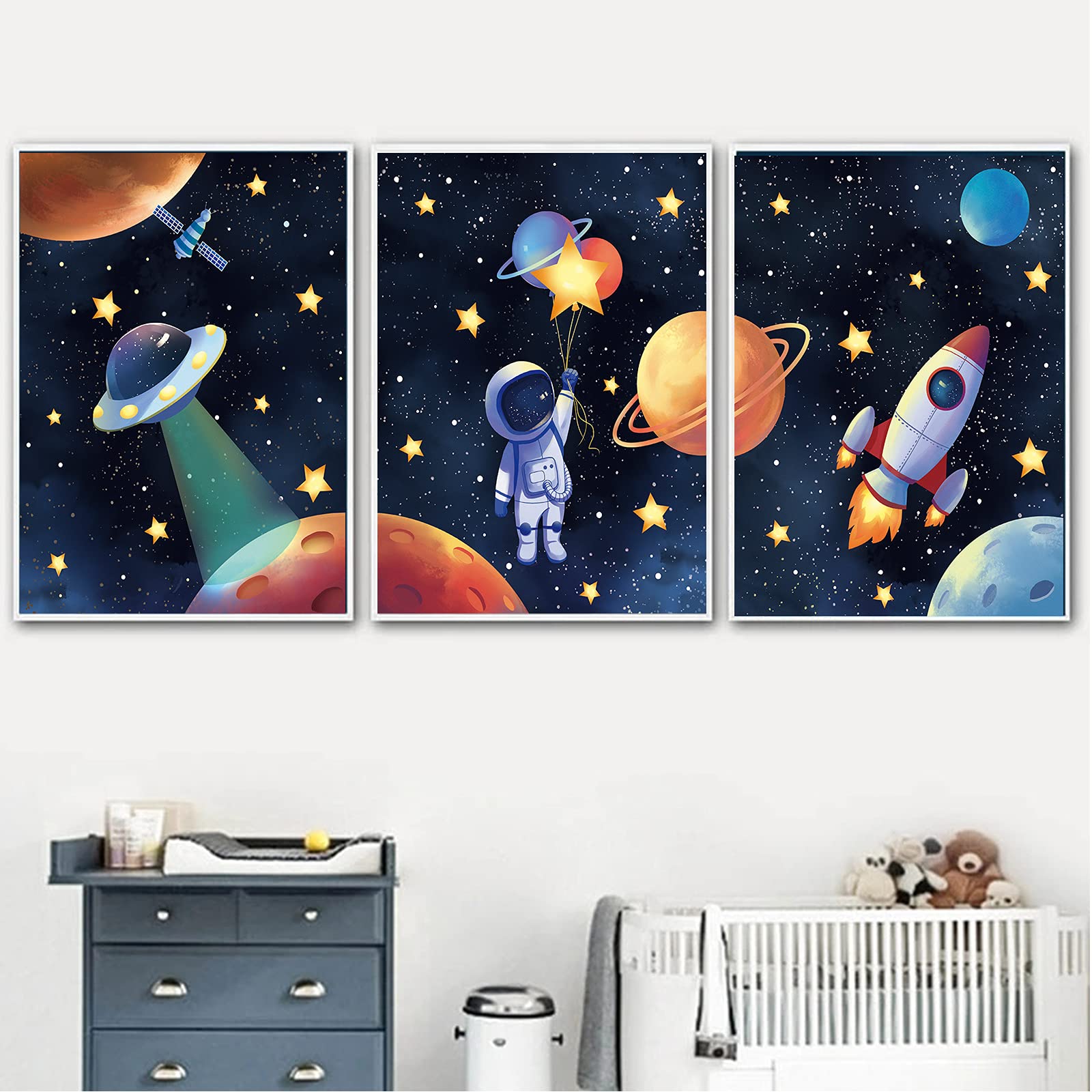 3-Piece Space Astronaut Canvas Wall Art Set - Solar System & Rocket Themed Posters for Boys' Room Decor | Perfect for Game Rooms, Bedrooms & Kids' Space-Themed Nursery