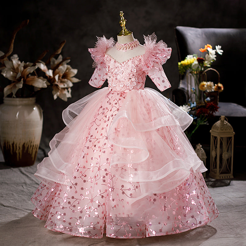 Flower Girl Dress for Girls | Easter Communion Dress | Summer Pink Sequin Princess Gown | Perfect for Weddings, Easter Sunday & Special Occasions
