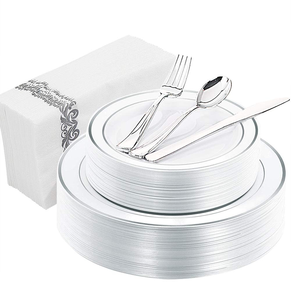 150-Piece Silver Plastic Disposable Dinnerware Set - Includes 25 Dinner Plates, 25 Salad Plates, 25 Forks, 25 Knives & 25 Spoons with 25 Napkins - Perfect for Parties, Catering & Outdoor Events