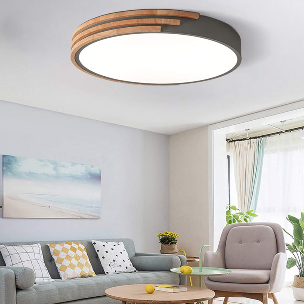 Round LED Flush Mount Ceiling Light - Dimmable Modern Nordic Style with Wooden Accent & Acrylic Shade | Perfect for Living Room, Bedroom, Kitchen & Hallway Lighting