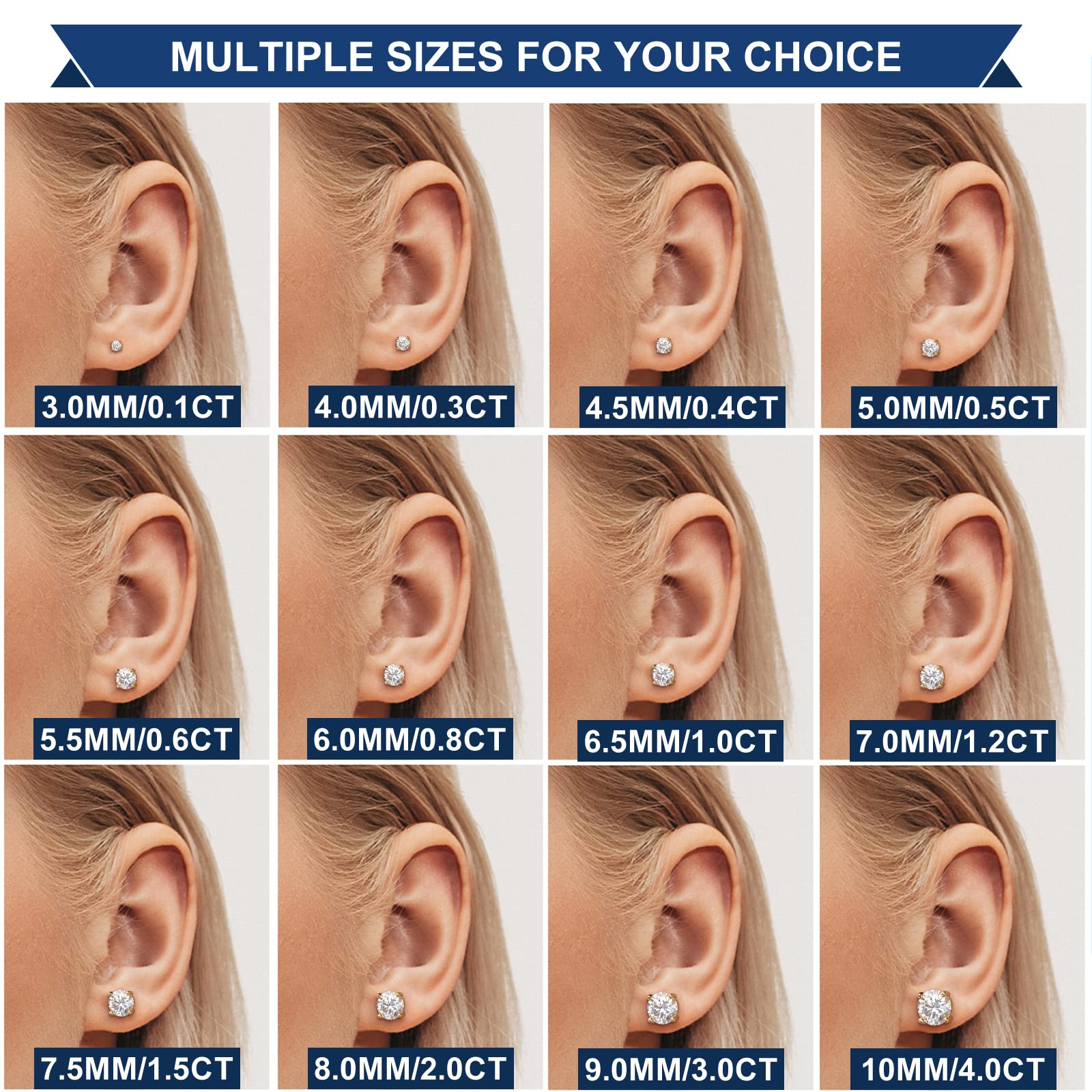 Moissanite Stud Earrings Screw Back 0.2-8 Carat D Color VVS1 Clarity Round Cut - 18k Gold Plated S925 Sterling Silver Simulated Diamond Earrings for Women & Men | Perfect for Weddings, Anniversaries & Everyday Elegance