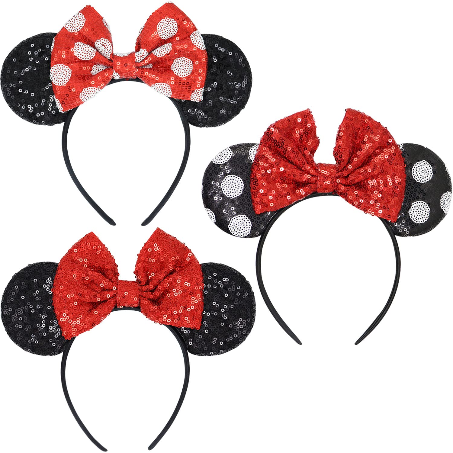 Minnie Mouse Ears Headband with Sequin Bows - 3 Pack Disney Costume Accessories for Women & Girls | Perfect for Halloween, Theme Parks & Disney Parties