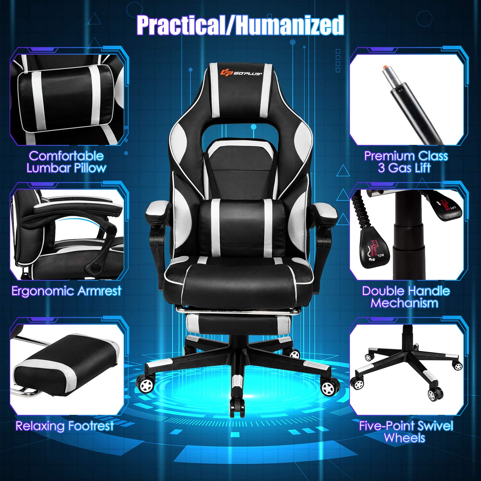 Premium POWERSTONE Gaming Chair - Adjustable High Back Ergonomic Computer Chair with Footrest, Lumbar Support & Massage Headrest | Thick Padded Armrests, 360° Swivel & Rolling Wheels | White Office/Home Gaming Desk Chair for PC & Console Gamers