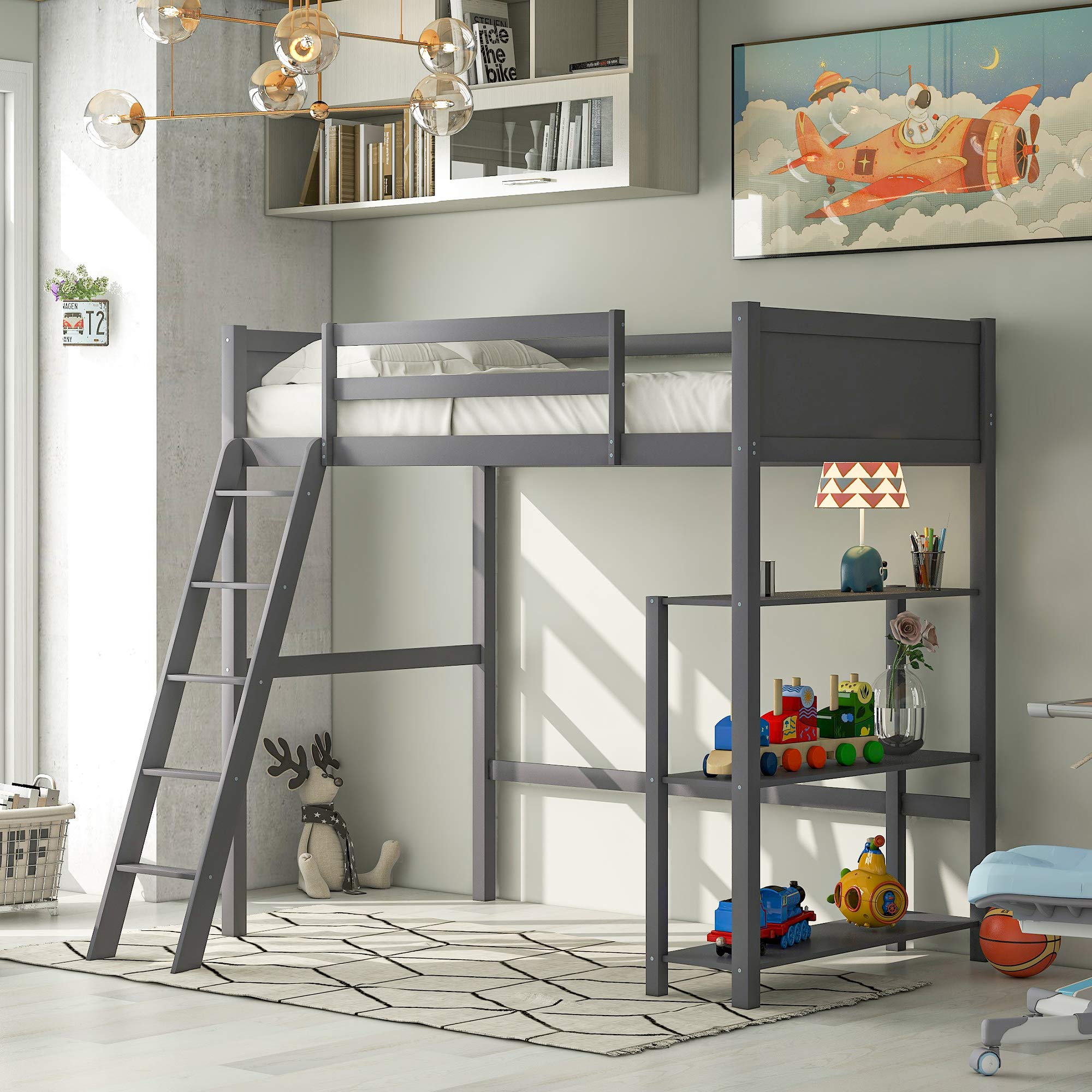 Twin Size Solid Wood Loft Bed with Storage Shelves, Inclined Ladder & Guardrail - Kids & Teens Bed Frame with Wood Slat Support & Underbed Storage Space - Easy Assembly (Gray) - Perfect for Small Bedrooms, Dorm Rooms & Space-Saving Kids' Rooms