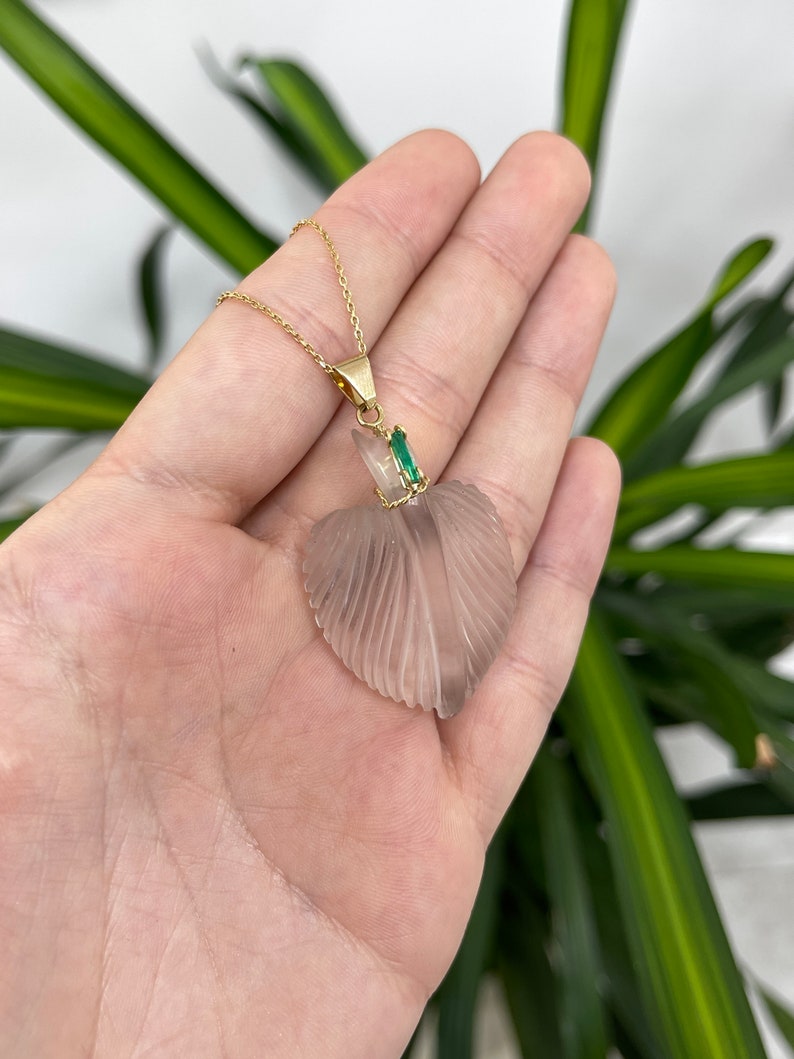 Exquisite 18K Gold Pendant with Hand-Carved Natural Quartz Leaf & Genuine Colombian Emerald Accent - Perfect for Elegant Evening Wear, Special Occasions & Luxury Jewelry Collections