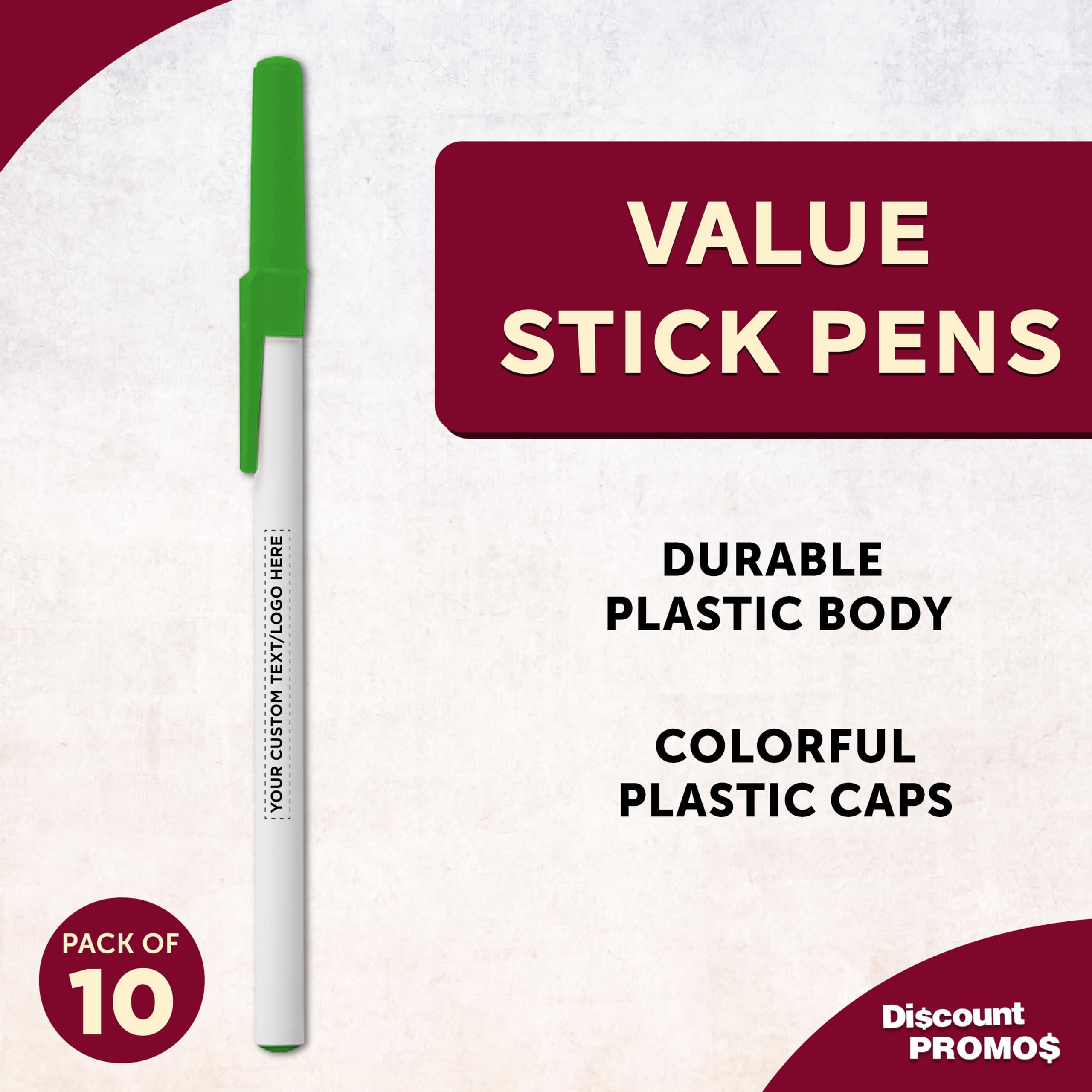 Custom Value Stick Pens Set of 10 - Personalized Bulk Pack with Black Ink - Premium Promotional Pens for Office, School, Business, Tradeshows & Events - Perfect for Branding, Giveaways & Corporate Gifts (Green)