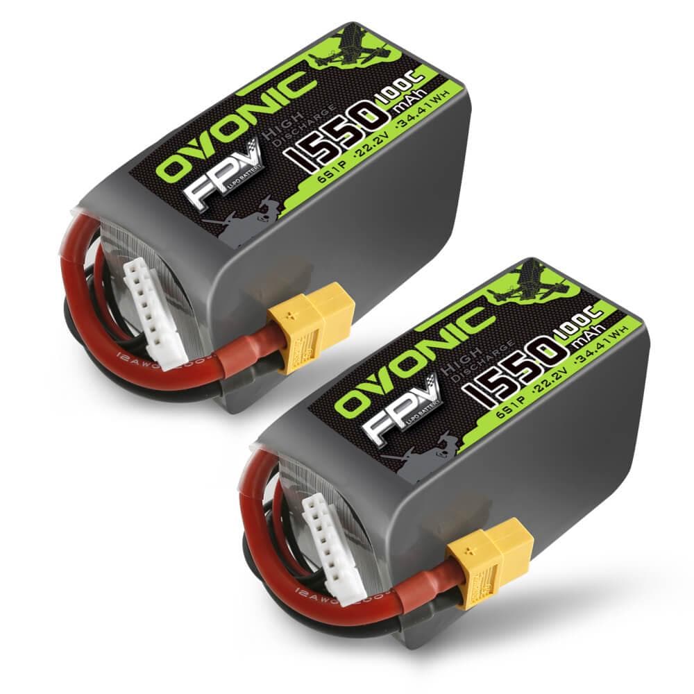Ovonic 2-Pack 1550mAh 6S 22.2V 100C LiPo Battery with XT60 Connector - High Performance RC Drone Battery for FPV Racing and Freestyle Flying