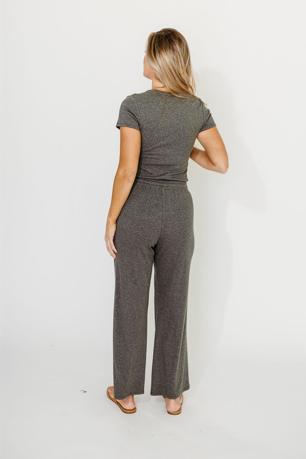The Muse Knit Ribbed Short Sleeve Top & Pants Set - Charcoal Gray Loungewear for Women | Comfortable Casual Outfit for Home, Yoga, and Relaxation