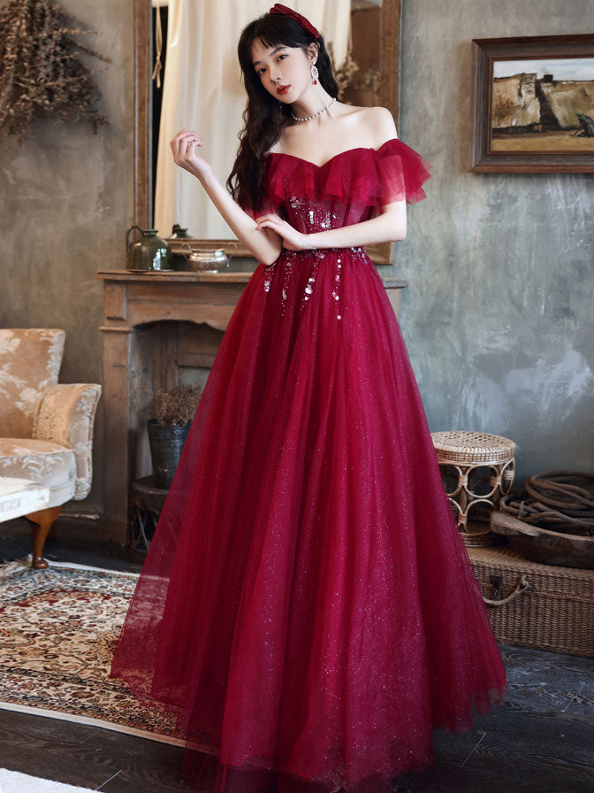 Elegant Burgundy Off Shoulder Tulle Sequin Long Prom Dress for Evening Gala & Formal Events | Perfect for Homecoming, Prom Night, and Special Occasions