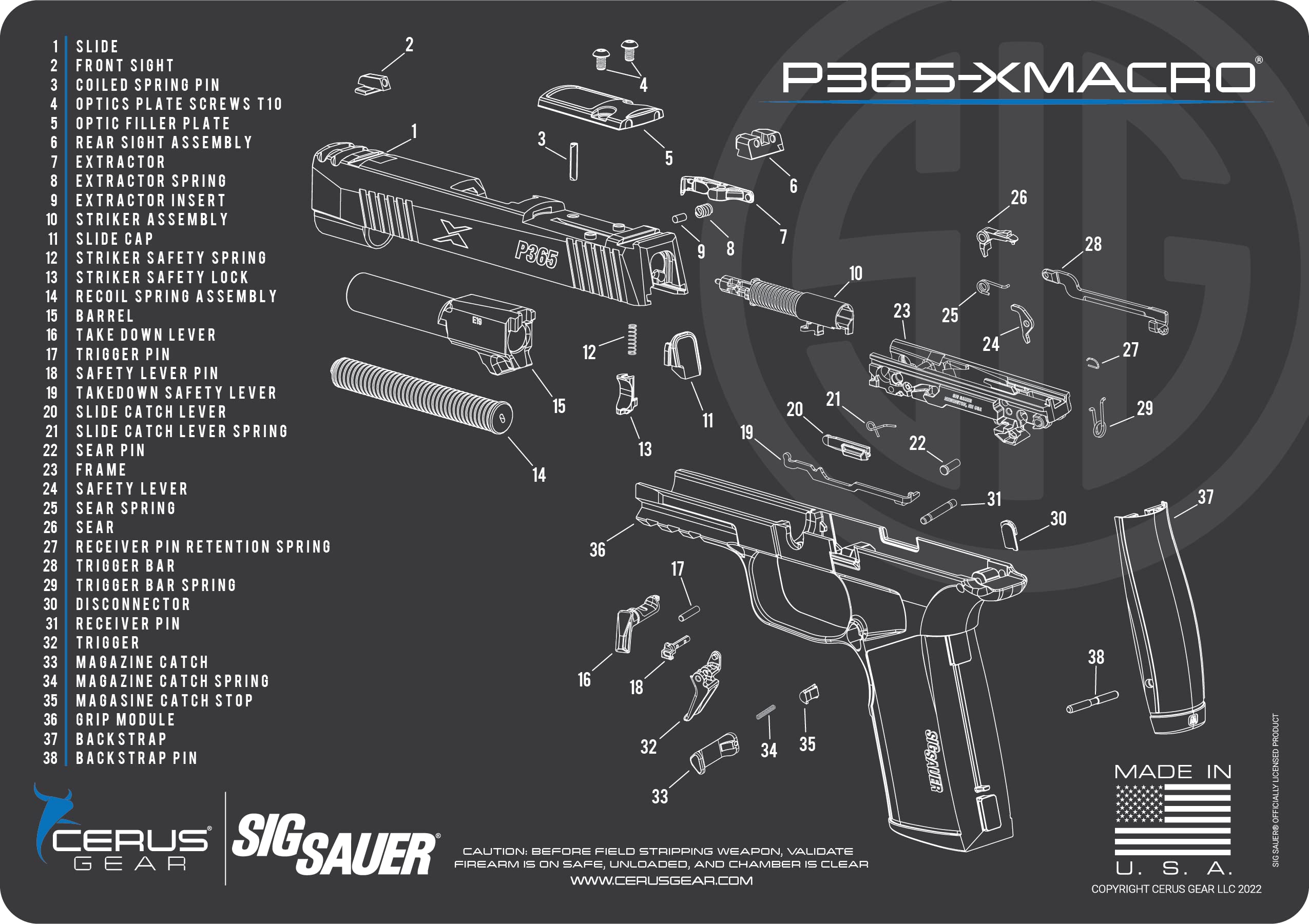EDOG P365-XMACRO Gun Cleaning Mat - Exploded View Diagram for Sig Sauer P365XL Series Pistols | 3mm Thick Non-Slip Pad | Firearm & Magazine Protection | Oil & Solvent Resistant | Perfect for Gun Maintenance & Workshop Use