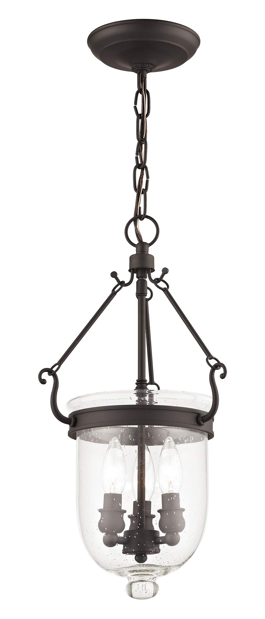 Livex Lighting 5083-07 Jefferson 3-Light Bronze Bell Jar Hanging Lantern with Seeded Glass - Vintage Farmhouse Ceiling Light for Dining Room, Kitchen, or Entryway