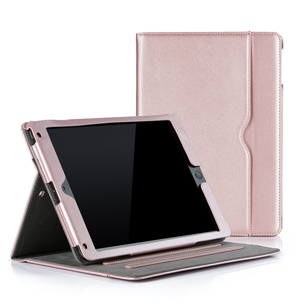 RUBAN iPad 9.7 Inch Case (2017/2018/Air 1/Air 2) - Multi-Angle Stand Folio Cover with Corner Protection, Auto Wake/Sleep & Storage Pocket (Rose Gold) - Perfect for Work, School & Travel