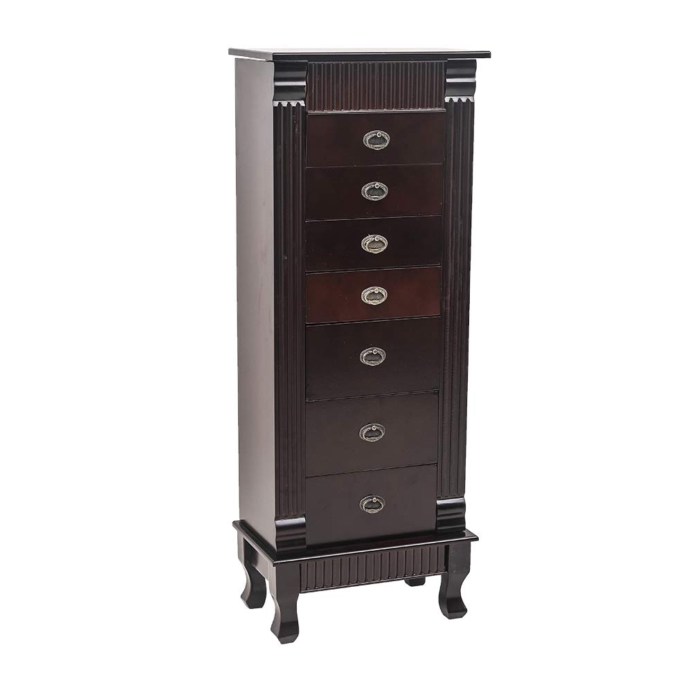 Large Standing Jewelry Armoire with Mirror - 7 Drawers, 2 Doors & 16 Necklace Hooks - Dark Brown Wooden Jewelry Storage Cabinet with Makeup Organizer - Perfect for Bedroom, Closet & Dressing Room Organization
