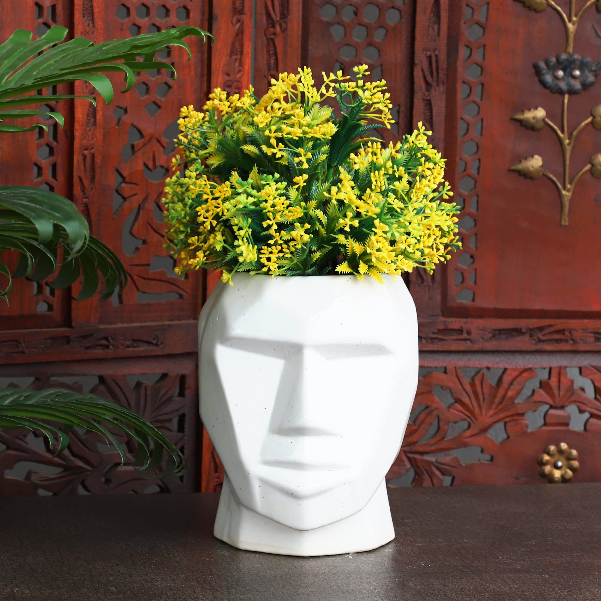 Handmade Ceramic Man Shape Flower Vase Planter - Khurja Pottery Home Decor (White, 6.5