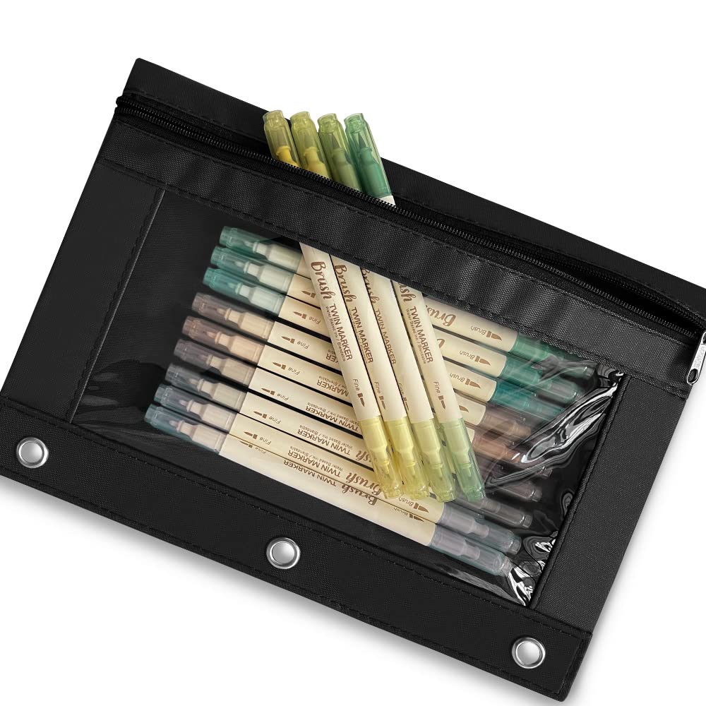 3-Pack Black Zipper Pencil Pouch with Clear Window for 3-Ring Binder - Large Capacity Multi-Color School Supplies Organizer - Perfect for Students, Office & Classroom Organization