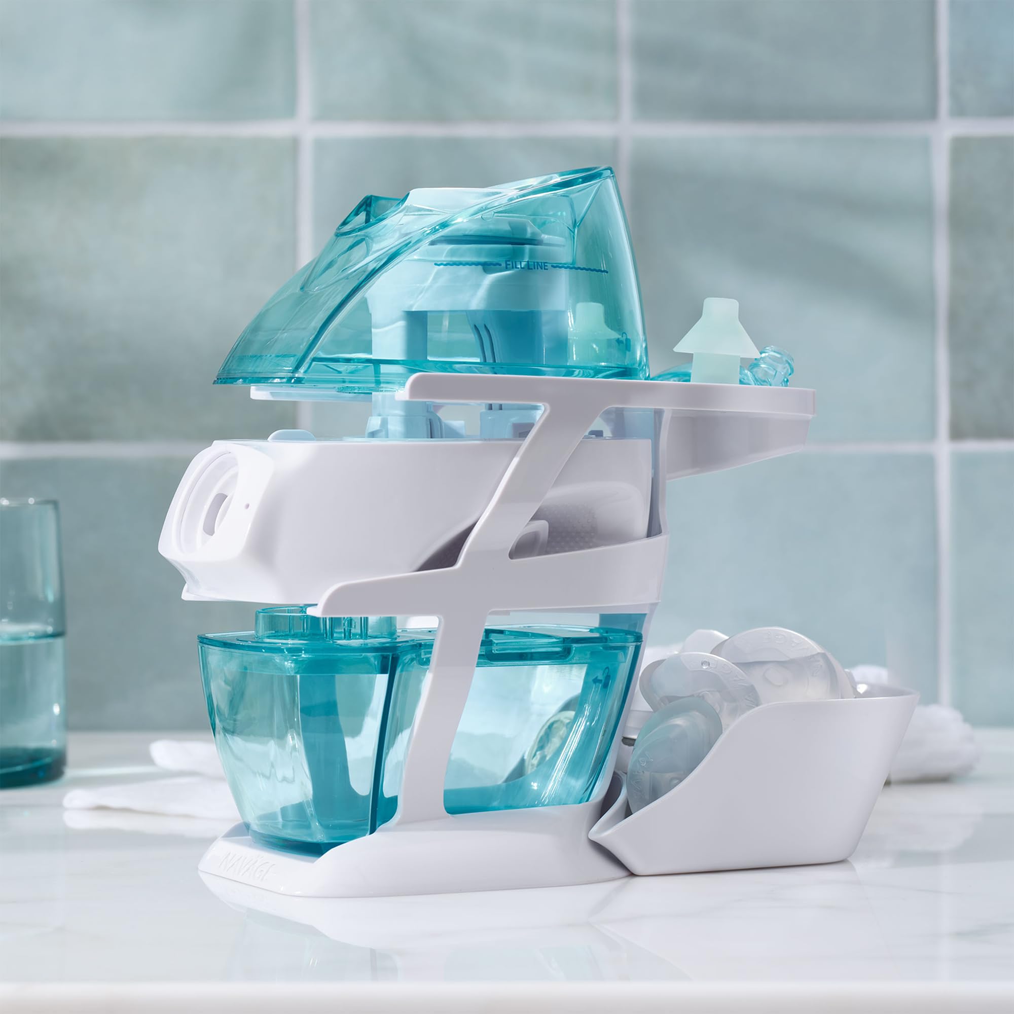 Navage Nasal Irrigation System Organizer - 3-Tier Countertop Storage Caddy with Detachable Tray | Plastic Nasal Care Accessories Holder for Nose Cleaning Supplies | Perfect for Bathroom, Bedroom & Travel Use