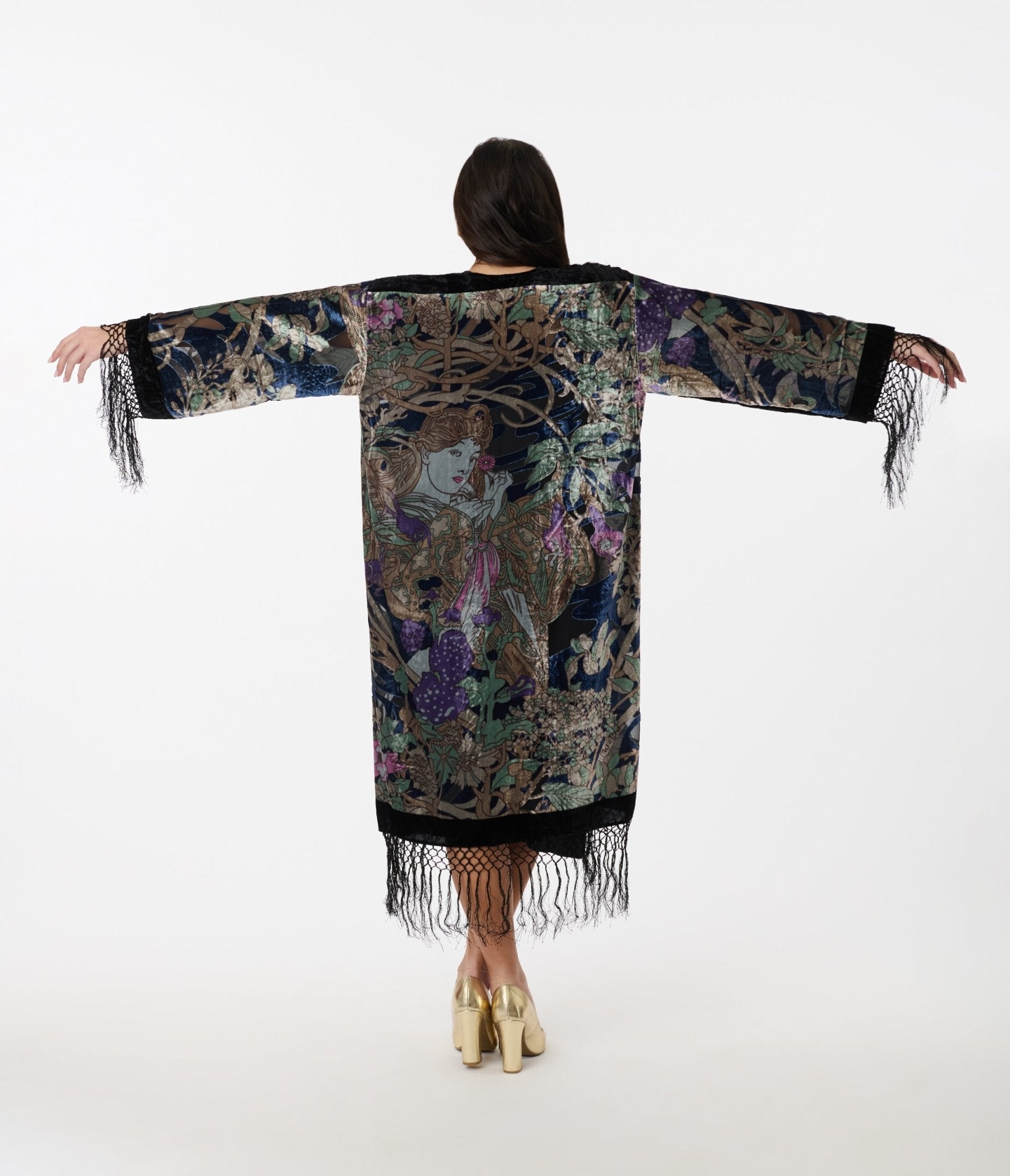 1920s Black Floral Goddess Devore Velvet Scarf Coat - Vintage Velvet Wrap Shawl for Women, Evening Gala & Boho Chic Outfits