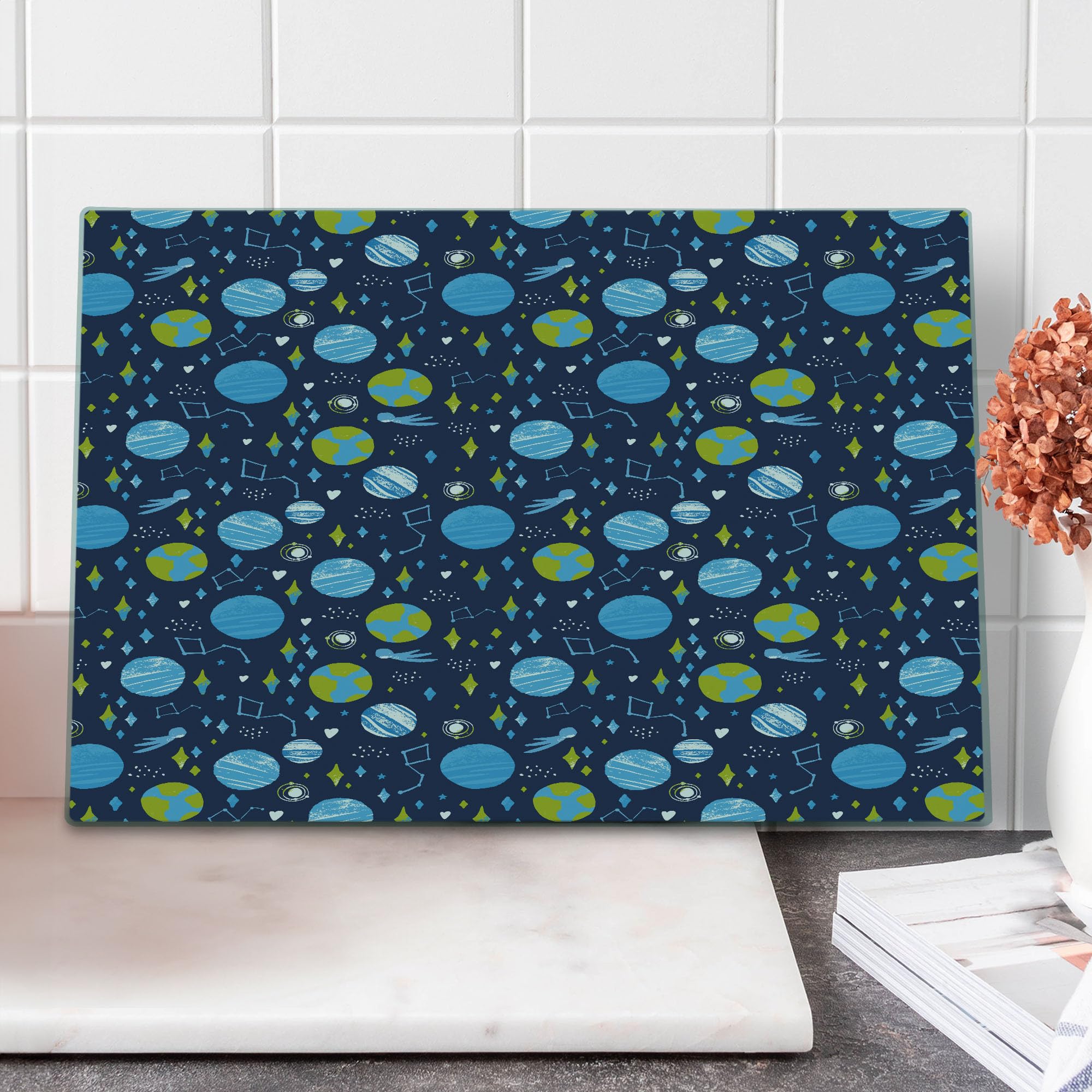 Ambesonne Space-Themed Tempered Glass Cutting Board - Hand Drawn Constellation & Kite Design - Large Decorative Serving Board in Dark Slate Blue, Pale Sky Blue, Apple Green & White - Perfect for Kitchen Prep, Charcuterie Display & Space Decor