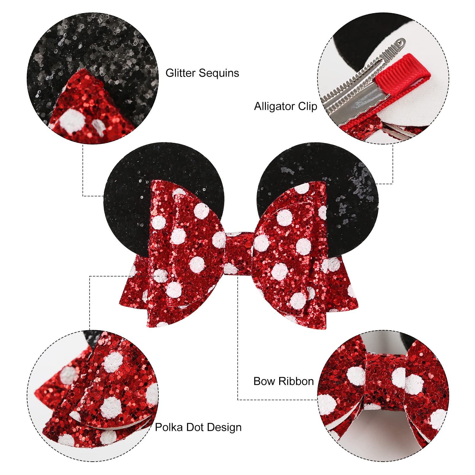 Disney-Inspired Mouse Ears Hair Bow Clips | Polka Dot Barrettes for Girls | Glitter Costume Accessories | Perfect for Birthday Parties, Halloween & Cosplay