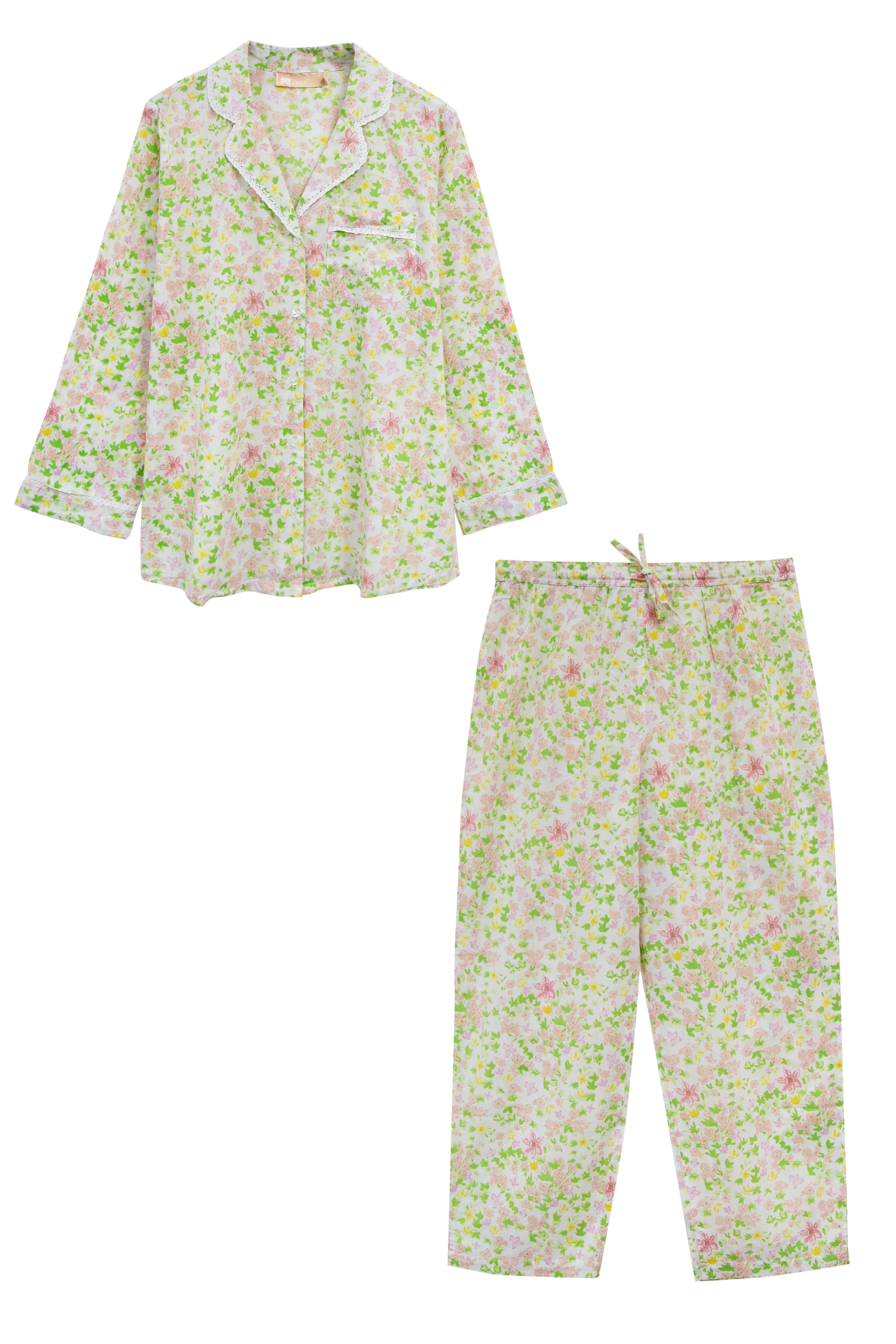 La Cera Women's Long Sleeve White Lime Floral Pajama Set - Soft Cotton Sleepwear for Women, Cozy Loungewear for Relaxing at Home, Cute Pajama Outfit for Sleepovers & Vacation