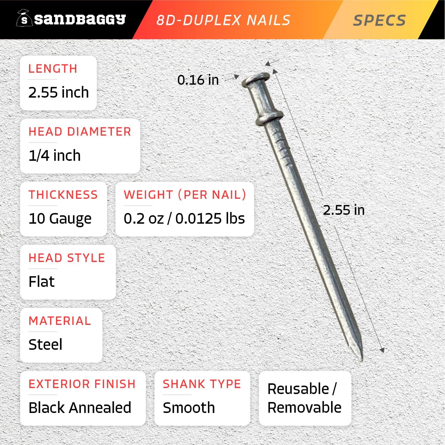 Sandbaggy 8d Duplex Nails (2.55 Inch) - Heavy Duty 10 Gauge Steel Construction Nails with Smooth Shank & Double Head - 2500 Pack for Concrete Forms, Scaffolding, Temporary Structures & DIY Projects