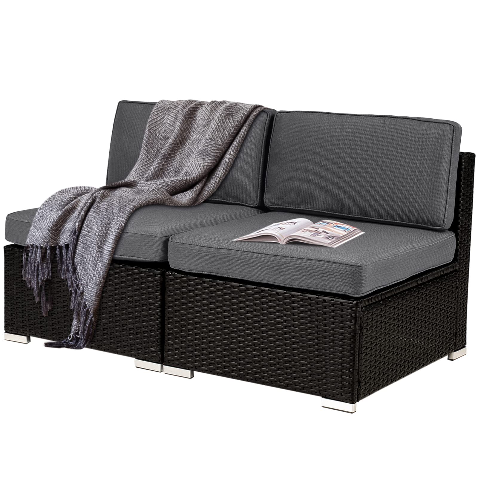 Incbruce 2-Piece All-Weather Black Wicker Outdoor Patio Furniture Set - Sectional Sofa & Armless Loveseat with Washable Dark Gray Cushions - Perfect for Backyard, Garden, Poolside & Balcony Relaxation