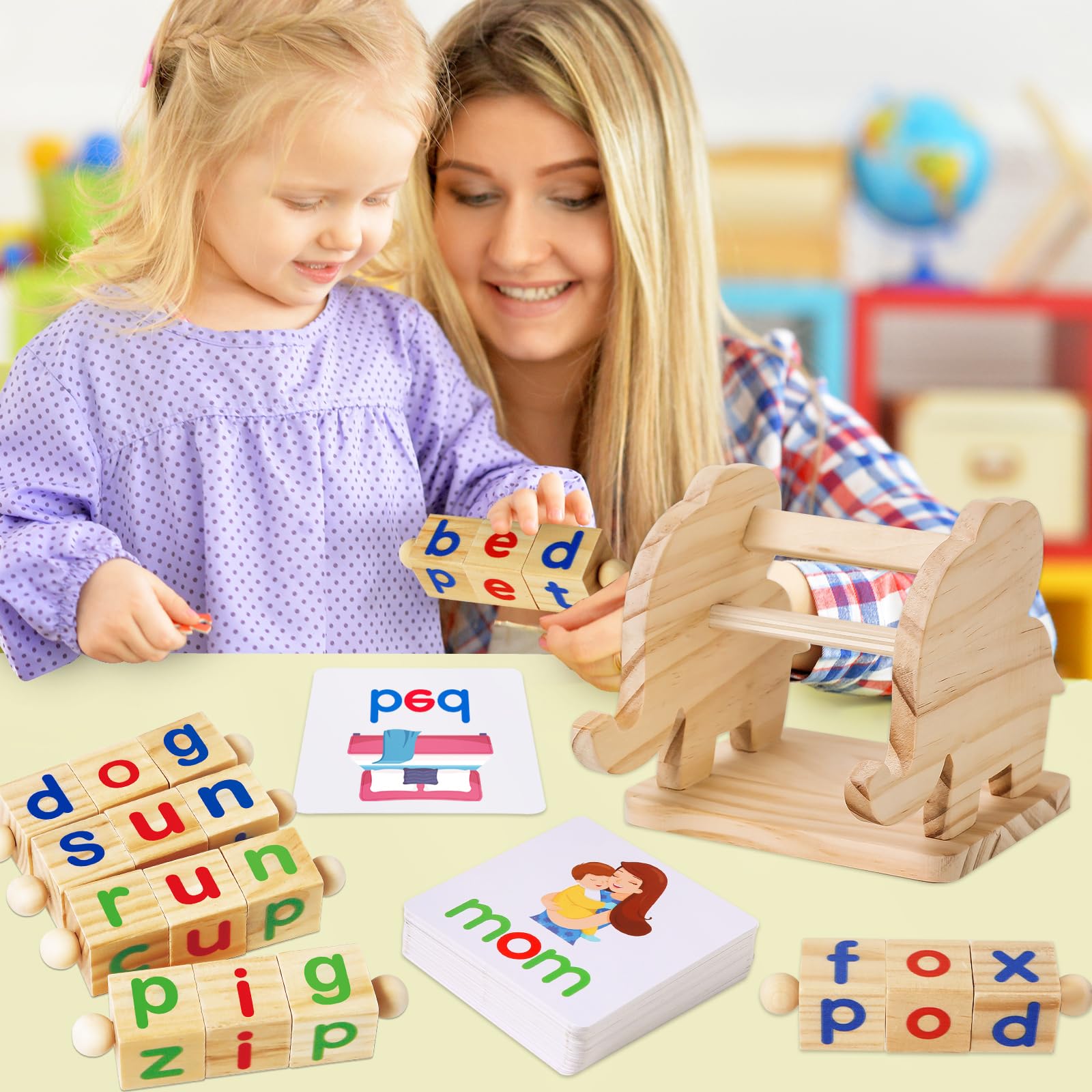 Montessori Wooden Reading Blocks & Flash Card Games - Educational Learning Toys for Kids Ages 3-5, Preschool Kindergarten Activities, Alphabet Matching Rotating Letter Blocks (Perfect for Homeschooling & Early Childhood Development)
