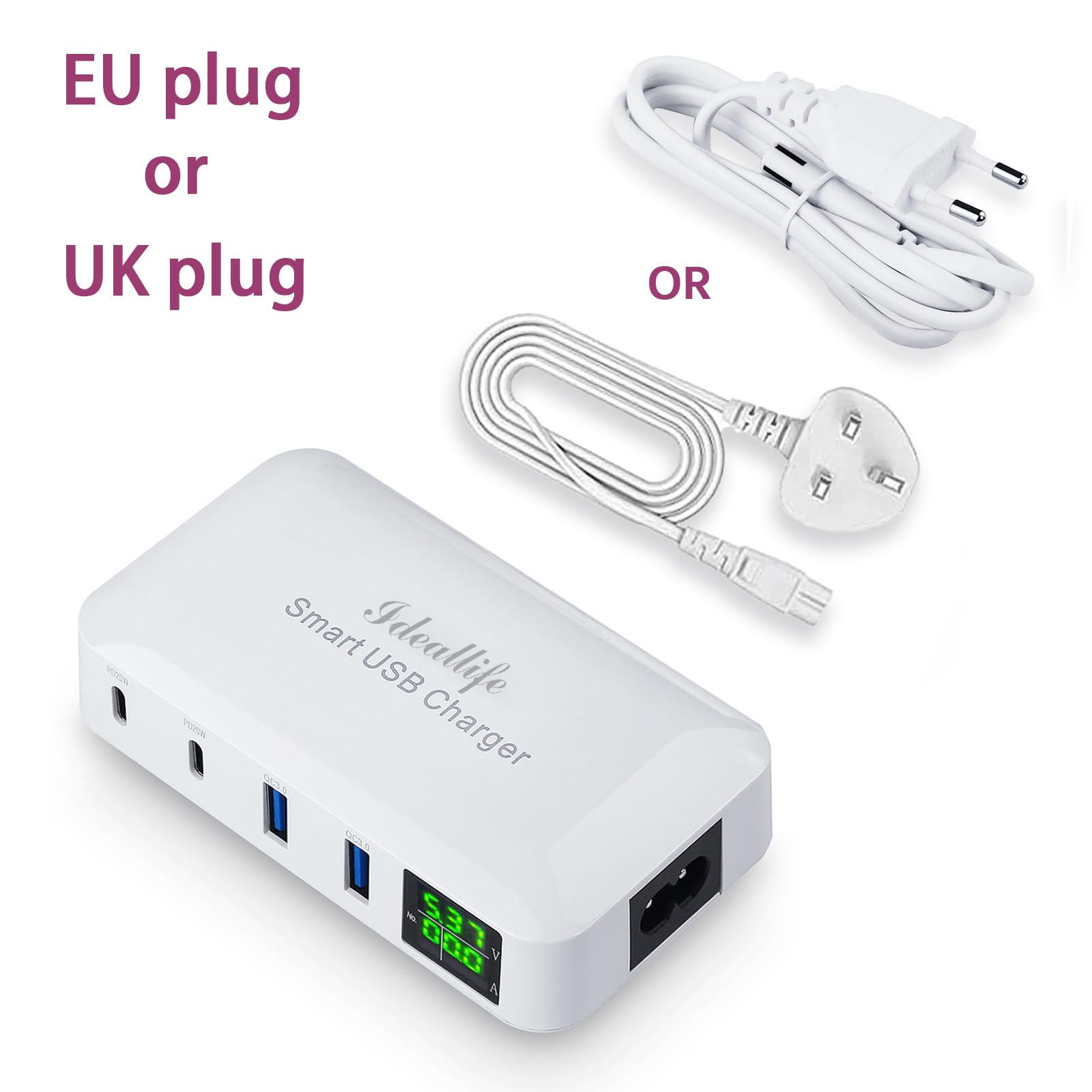 ideallife 70W 12A 4-Port USB Charging Station - Super Fast 20W PD & QC3.0 USB C Hub with LCD Display for iPhone 14/13/12, iPad Pro/Air, Samsung Galaxy S23/S22, Huawei P50 - Perfect for Home, Office, Travel & Multi-Device Charging