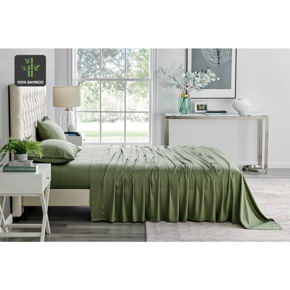 100% Natural Bamboo Bed Sheet Set - Queen Size, Oil Green Color - Soft, Breathable & Hypoallergenic - Perfect for Eco-Friendly Home, Hot Sleepers & Allergy Sufferers
