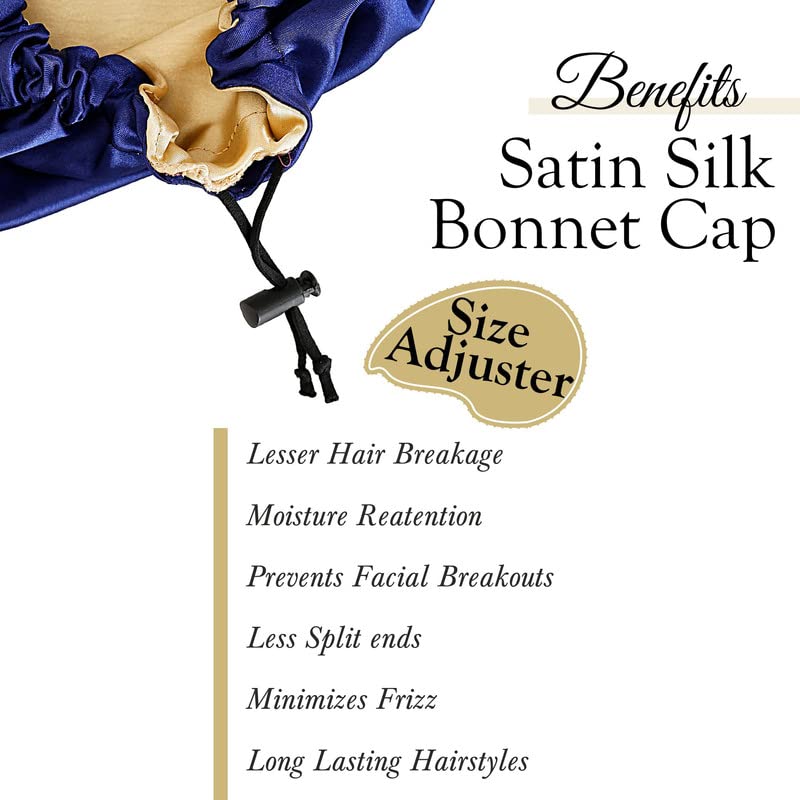 Reversible Satin Bonnet for Women - Adjustable Sleep Cap for Hair Protection & Comfort - Old Tree Design (Blue & Gold) - Perfect for Nighttime Hair Care & Travel Accessories