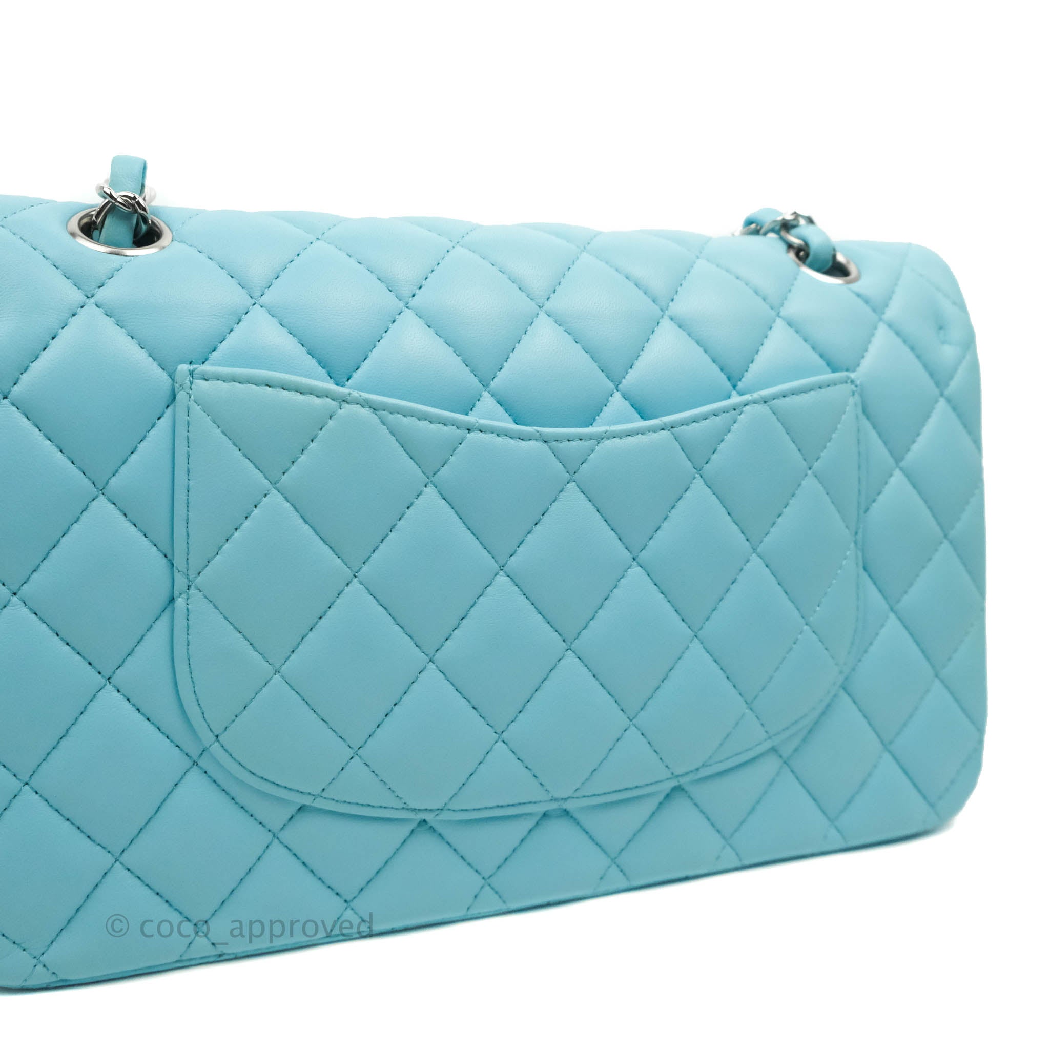 Chanel Classic Medium Double Flap Bag in Tiffany Neon Blue Lambskin with Silver Hardware 21S Collection - Perfect for Evening Events & Luxury Fashion Accessories