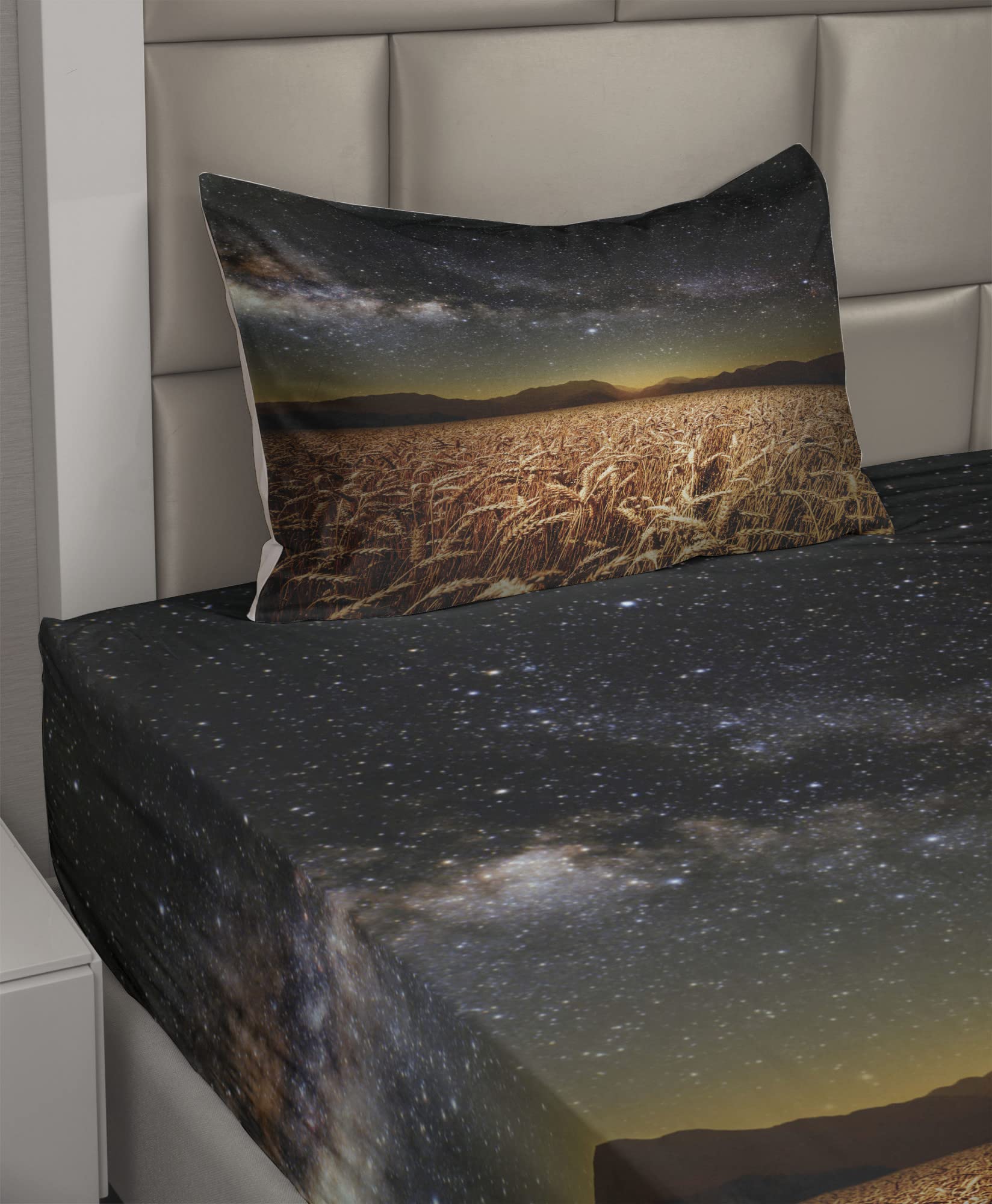 Ambesonne Space Themed Bed Sheet Set - Wheat Field Meadow Under Star Clusters Twilight Harvest Art Print, 3-Piece Twin Size (Fitted Sheet, Flat Sheet & Pillowcase) in Tan Grey - Perfect for Astronomy Lovers' Bedrooms, Dorm Rooms or Space-Themed Decor