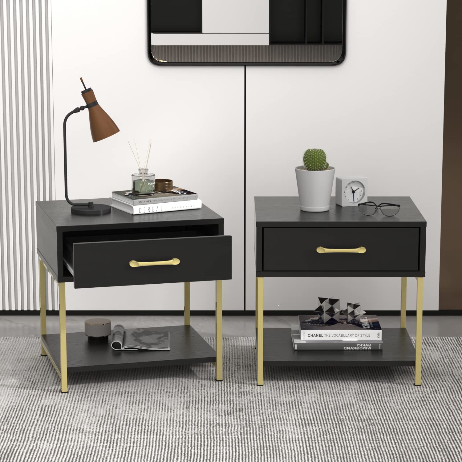 Hitow Modern Black Nightstand with Drawer & Open Shelf - Bedside Table with Metal Legs for Bedroom & Living Room - Compact Storage End Table (17.7