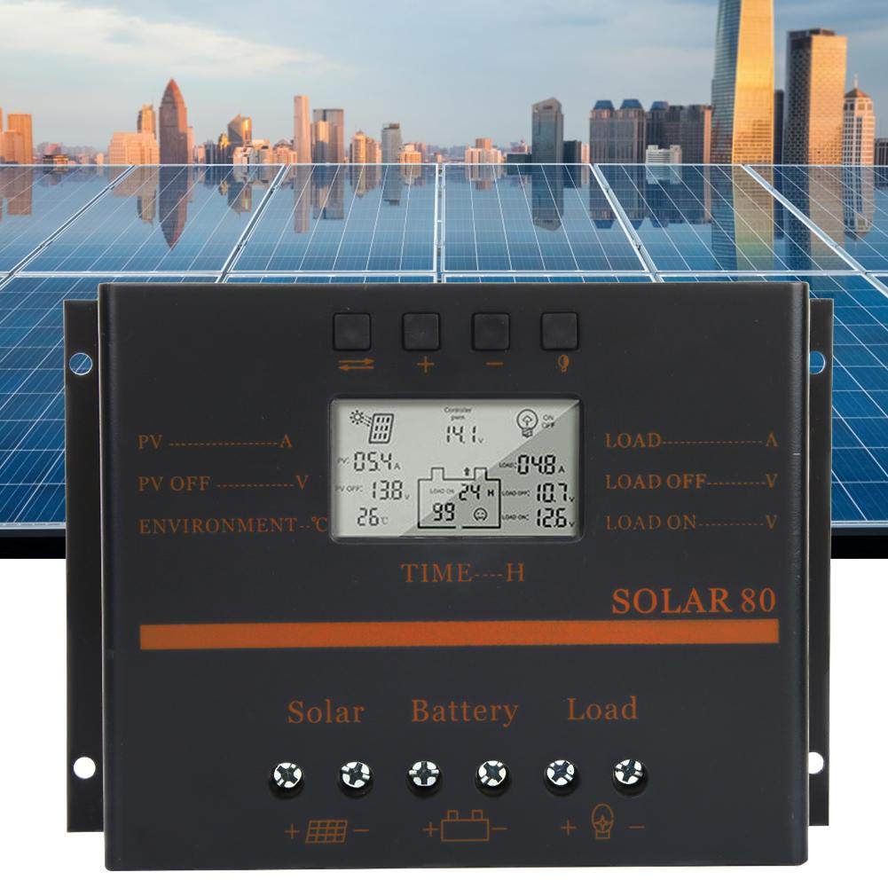 BTIHCEUOT 80A PWM Solar Charge Controller with LCD Display - 12V/24V Auto for Solar Panels - Perfect for Off-Grid Solar Systems, RV, Marine & Home Use